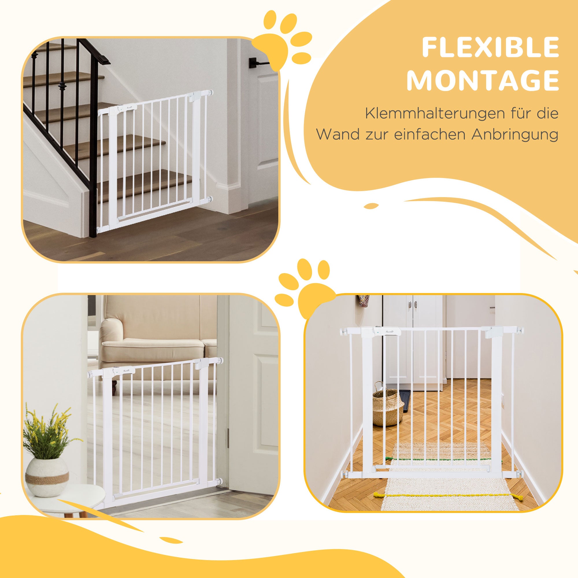 PawHut Türgitter, Montage ohne Bohren, verstellbare Breite 75-96 cm, einhändiges Öffnen, Metall, Weiß, Auto-Close Baby Schutzgitter