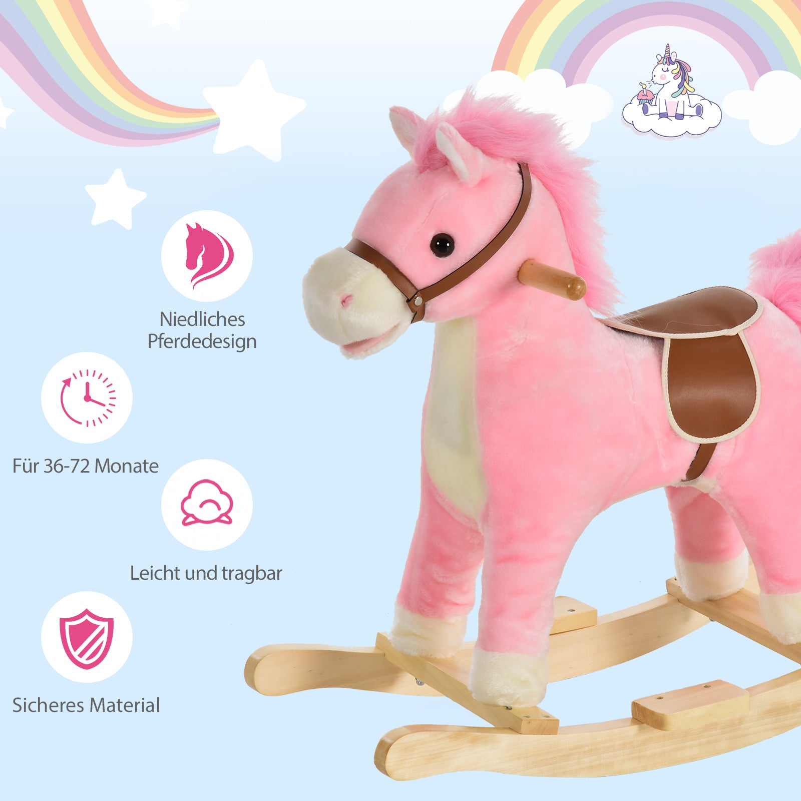 HOMCOM Kinder Schaukelpferd Baby Schaukeltier Pferd mit Tiergeräusche Spielzeug Haltegriffe für 36-72 Monate Plüsch Rosa 65 x 32,5 x 61 cm