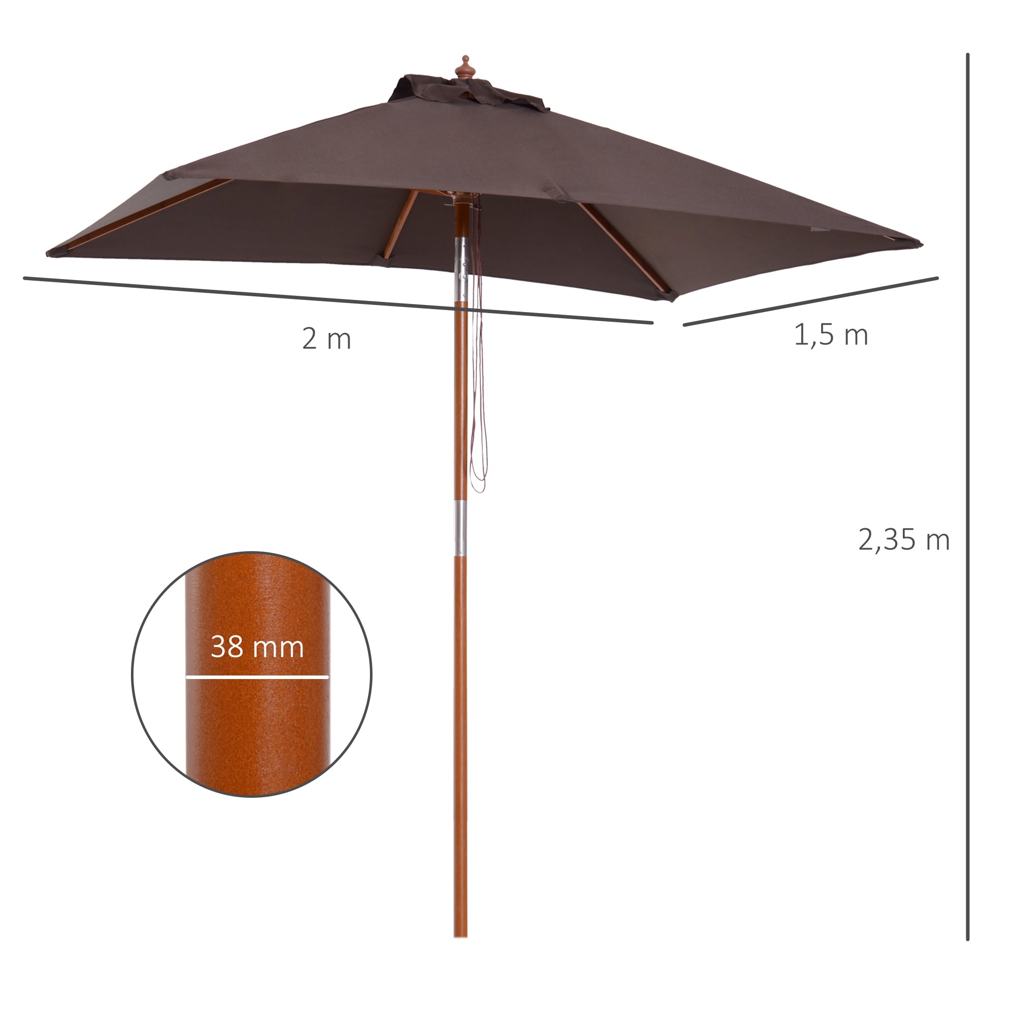 Outsunny Sonnenschirm 200 x 150 x 235 cm Knickbarer Gartenschirm 3-stufig einstellbar rechteckig Strandschirm wasserabweisend und UV-beständig für Strand Balkon Terrasse Garten Kaffee