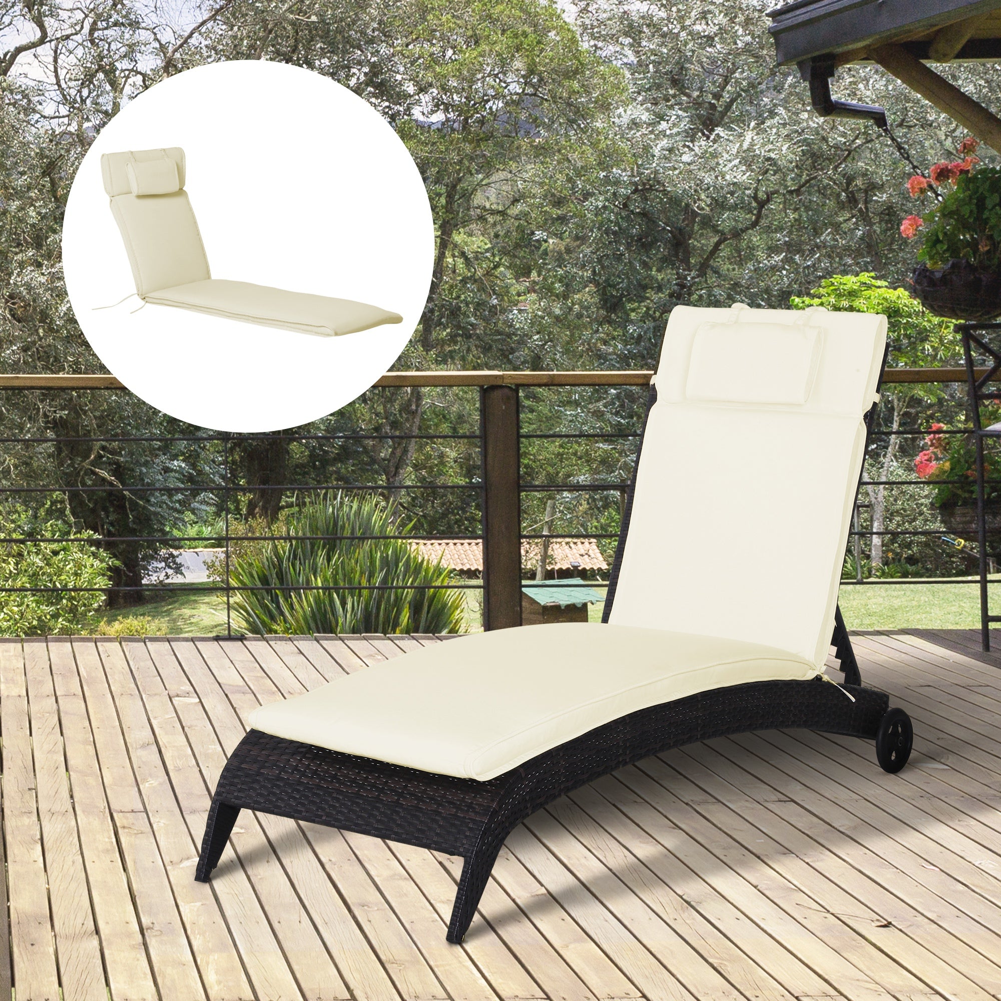 Outsunny Liegenauflage Liegenpolster Gartenliege mit Kopfkissen abnehmbar Bezug Polyester + Baumwollfaser Cremeweiß 198 x 53 x 5 cm
