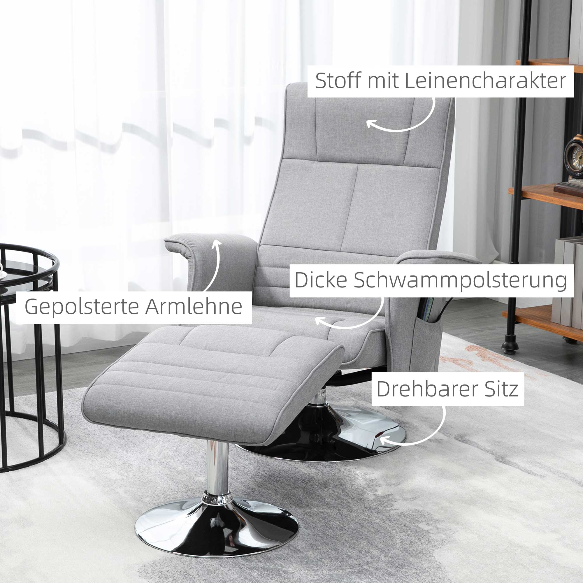 HOMCOM Massagesessel mit Hocker, neigbare Lehne, 78 x 95 x 88 cm, Hellgrau