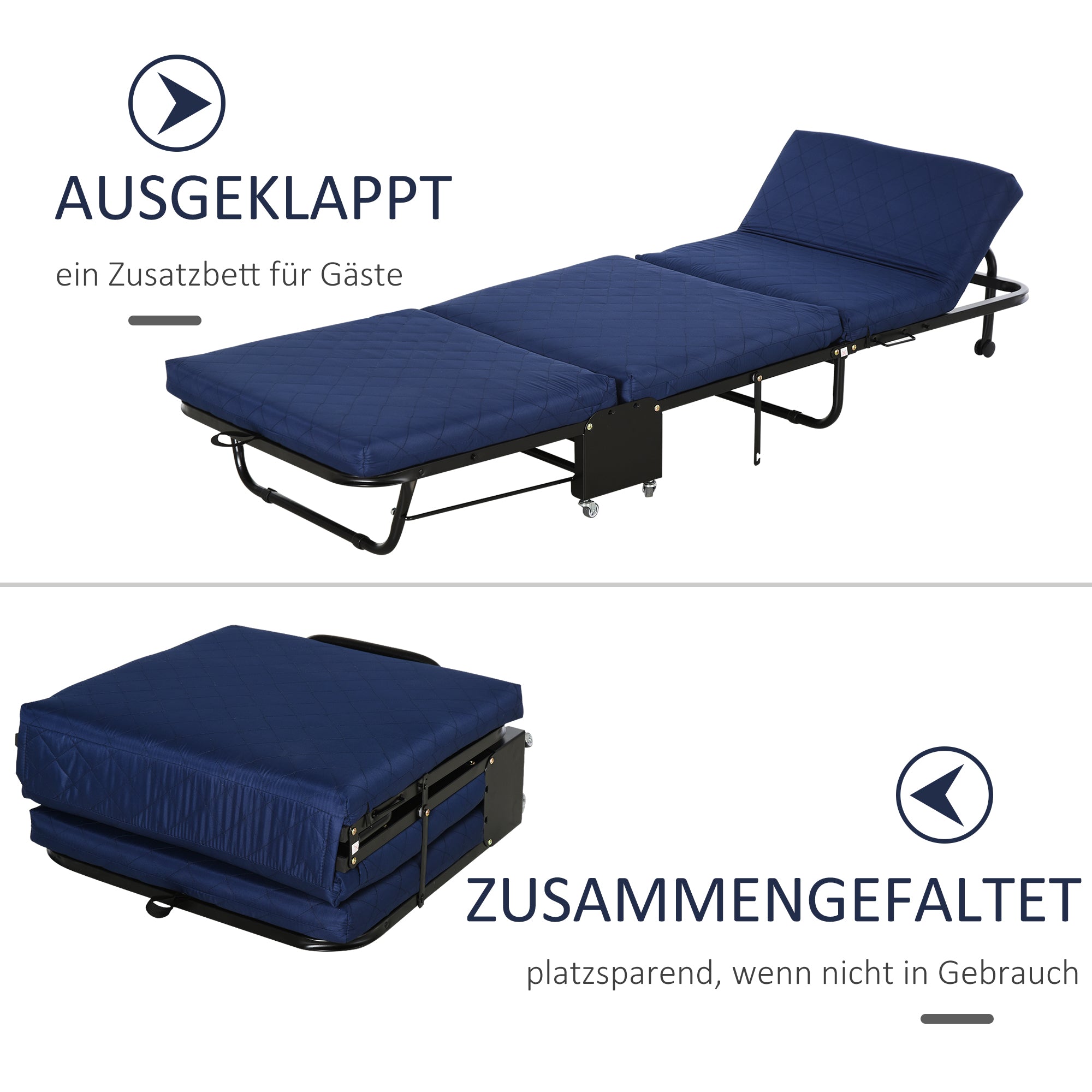 HOMCOM Klappbett 65x184 cm, Erwachsene Gästebett Klappbar mit 6 cm Dicker Schaumstoff, Reisebett mit Metallrahmen, Feldbett mit Rollen und höhenverstellbarem Kopfteil, bis 120 kg belastbar, Blau