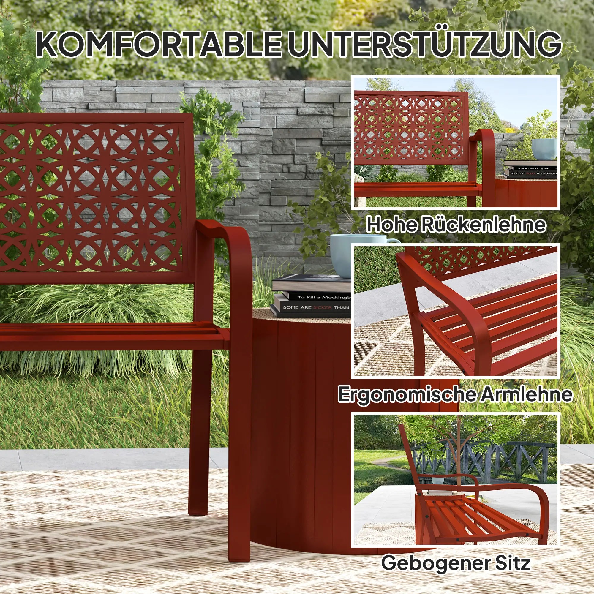 Outsunny 2-Sitzer Gartenbank, wetterfest, 240 kg belastbar, Rot