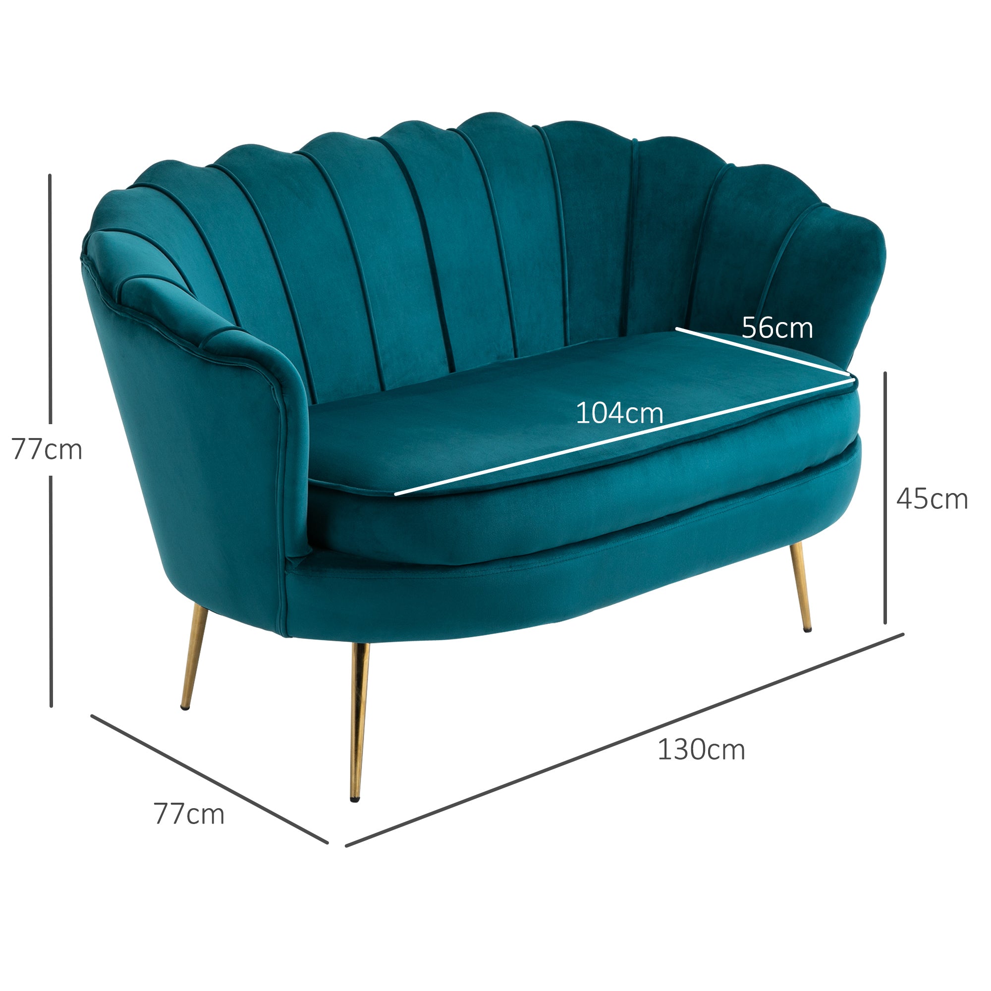 HOMCOM 2-Sitzer-Sofa, Couch, Polstersofa, Samtoptik, Doppelsofa, bis 150 kg belastbar, 130 x 77 x 77 cm, Dunkelgrün