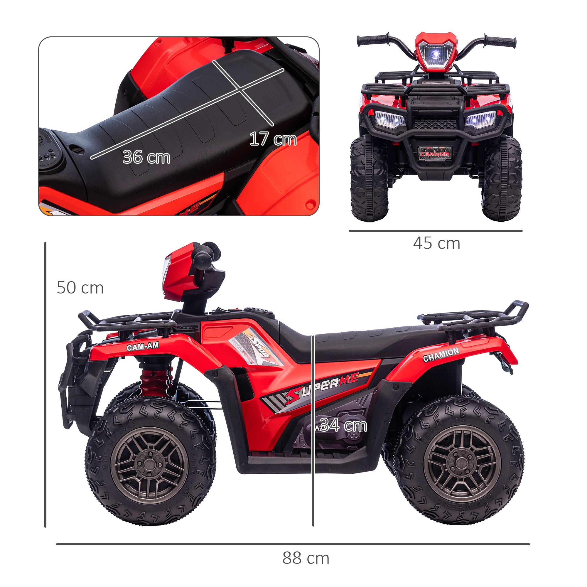 HOMCOM Kinder-Elektroquad, max. 4 km/h, ab 3 Jahren, LED-Scheinwerfer, Musikanschluss, schwarz+rot 88 x 45 x 50 cm