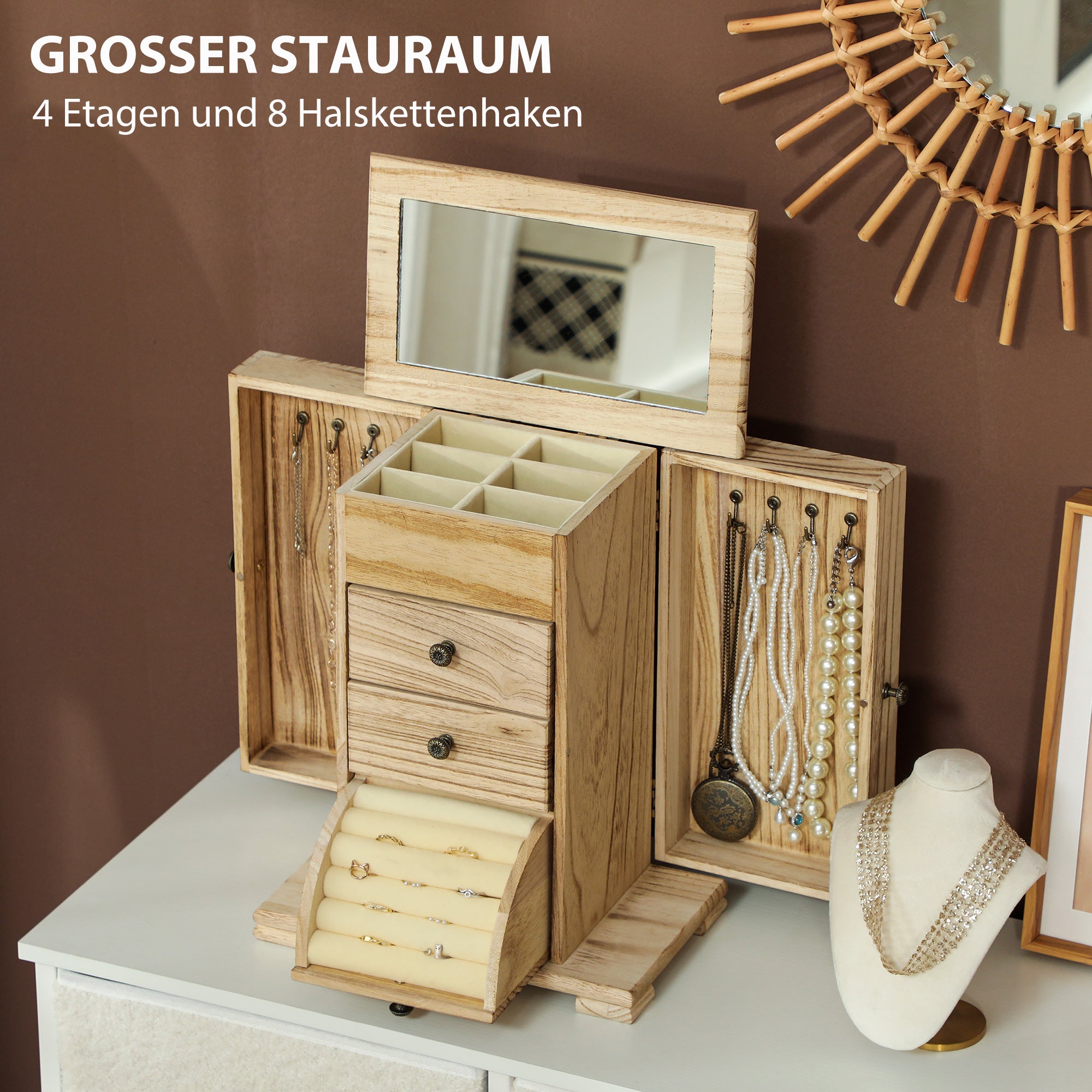HOMCOM Schmuckbox, Schmuckschatulle, 4-stufiges Layout, integrierter Spiegel, Holz, Braun