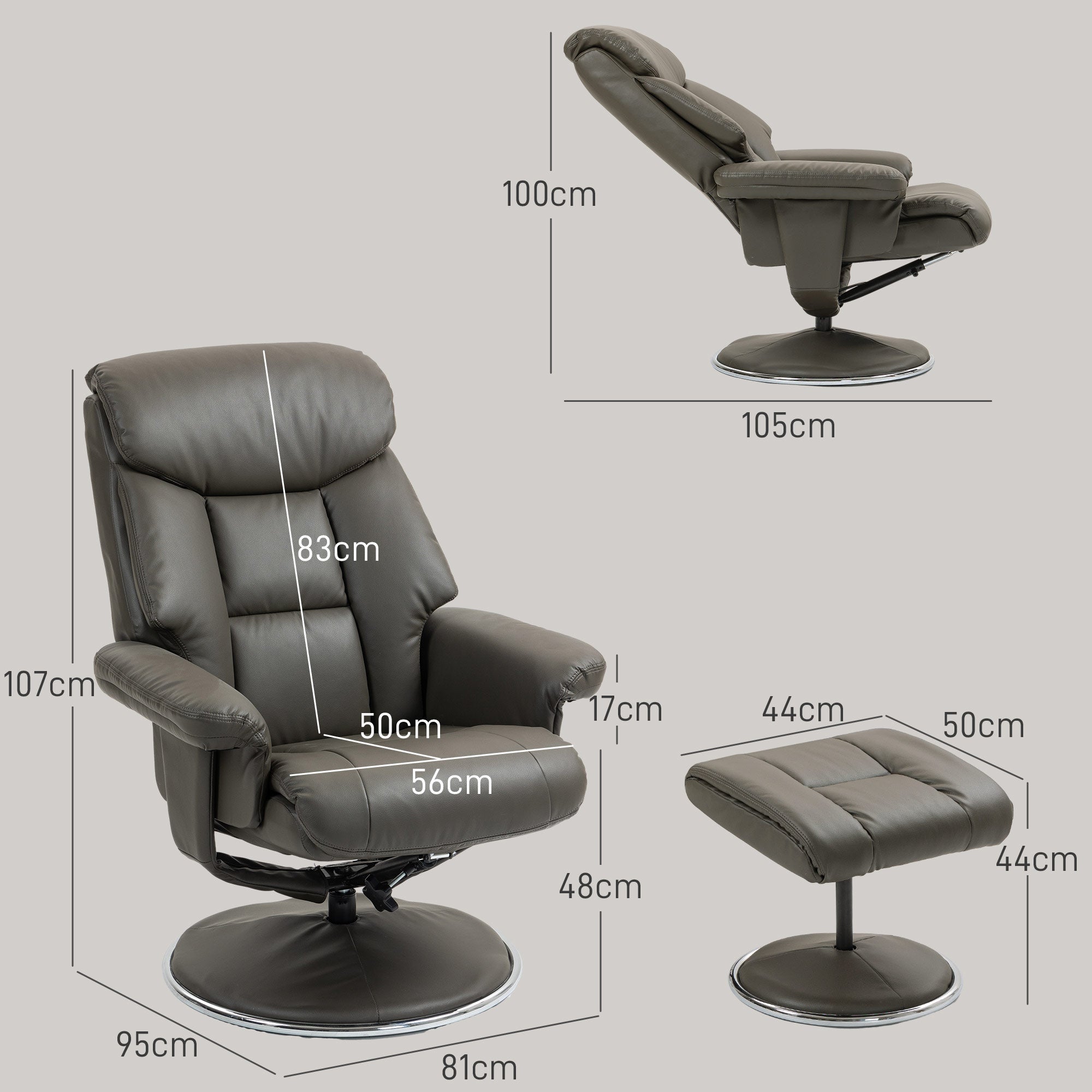 HOMCOM Relaxsessel mit Hocker, Rückenlehne verstellbar, Kunstleder, bis 150 kg, Grau