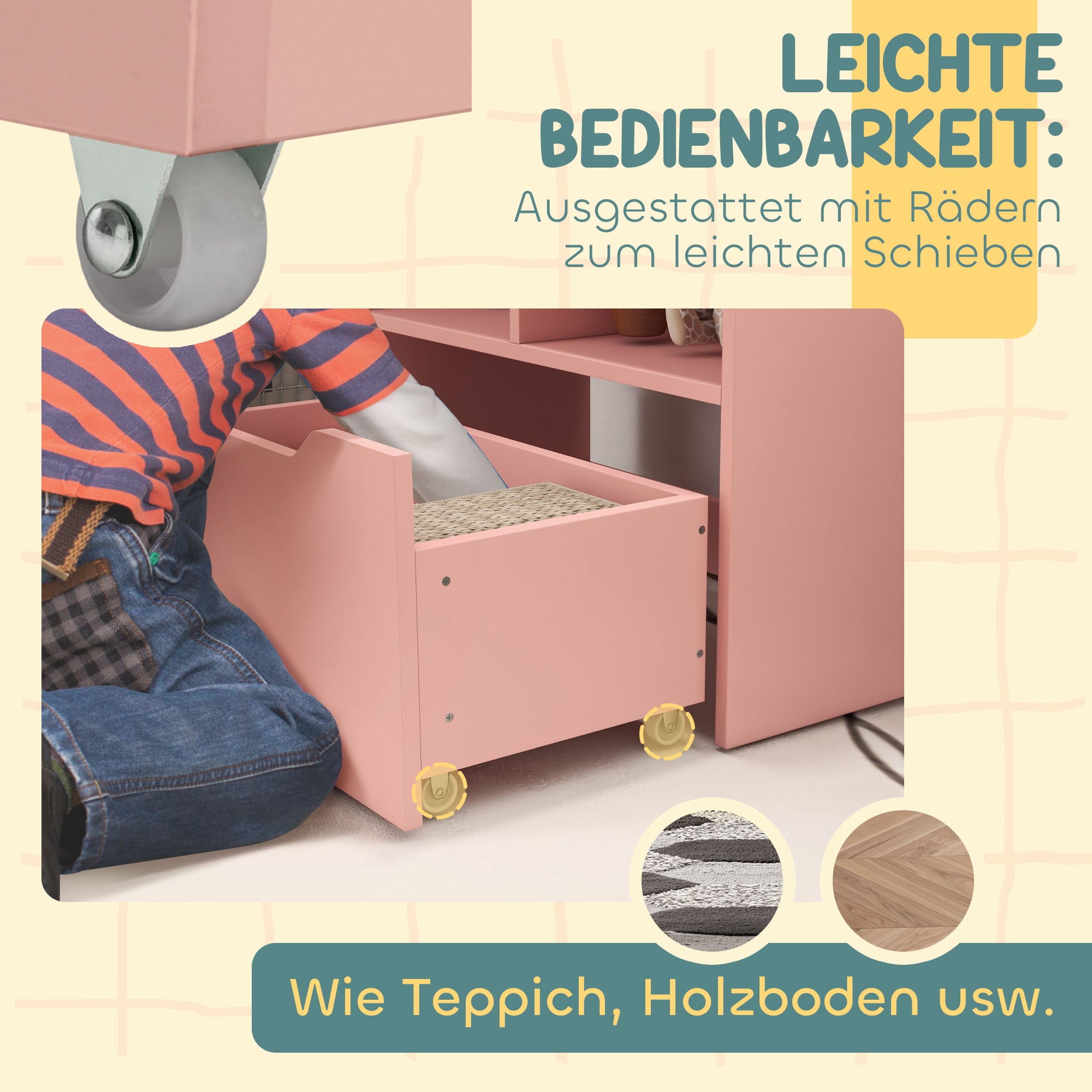 HOMCOM Kinderregal mit Schublade, Bücherregal mit Fächern, 60 x 29,9 x 90 cm, Rosa