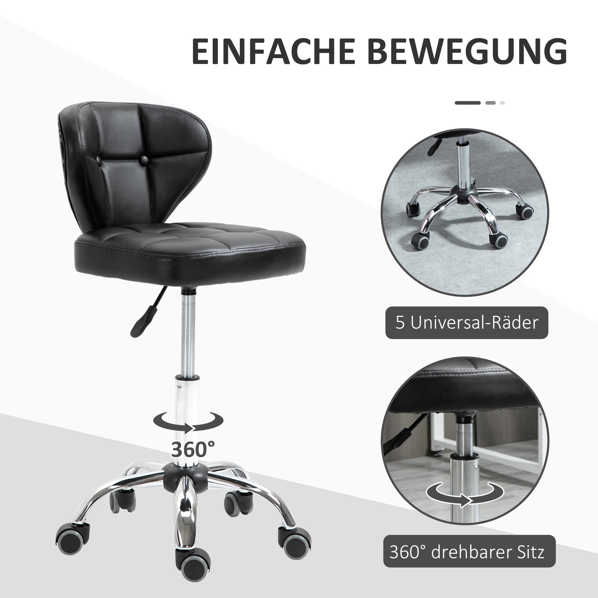 HOMCOM 2er-Set Arbeitshocker mit Rückenlehne Rollhocker aus Kunstleder Drehhocker mit Lehne Kosmetikhocker Rollhocker Bürohocker 72-87 cm höhenverstellbar Büro Dunkelgrau 45 x 47 x 72-87 cm