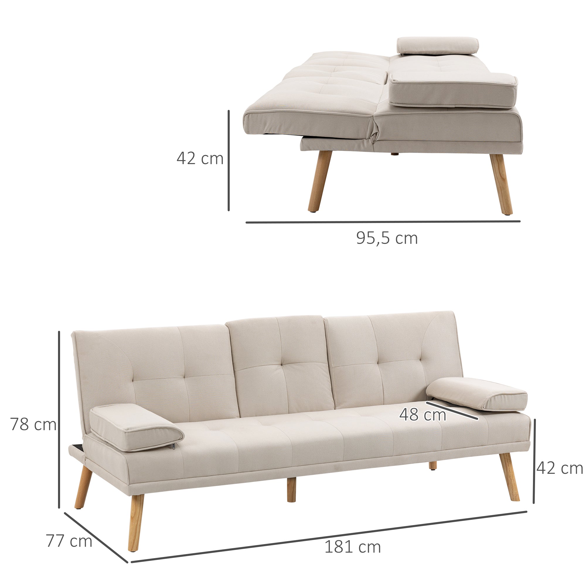 HOMCOM Schlafsofa 3-Sitzer, neigbare Rückenlehne mit Klapptisch, zwei Armpolster, Leinenoptik, beige, 181 x 77 x 78 cm