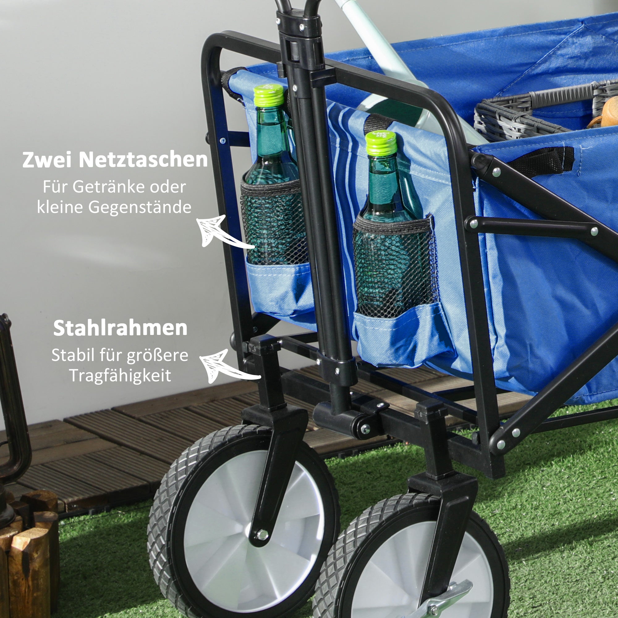 Outsunny Bollerwagen Handwagen mit faltbar Bremsen Verstellbarem Griff Transportwagen 68 KG Belastbar, Strandwagen Gartenwagen für Strand Garten Einkauf Shopping