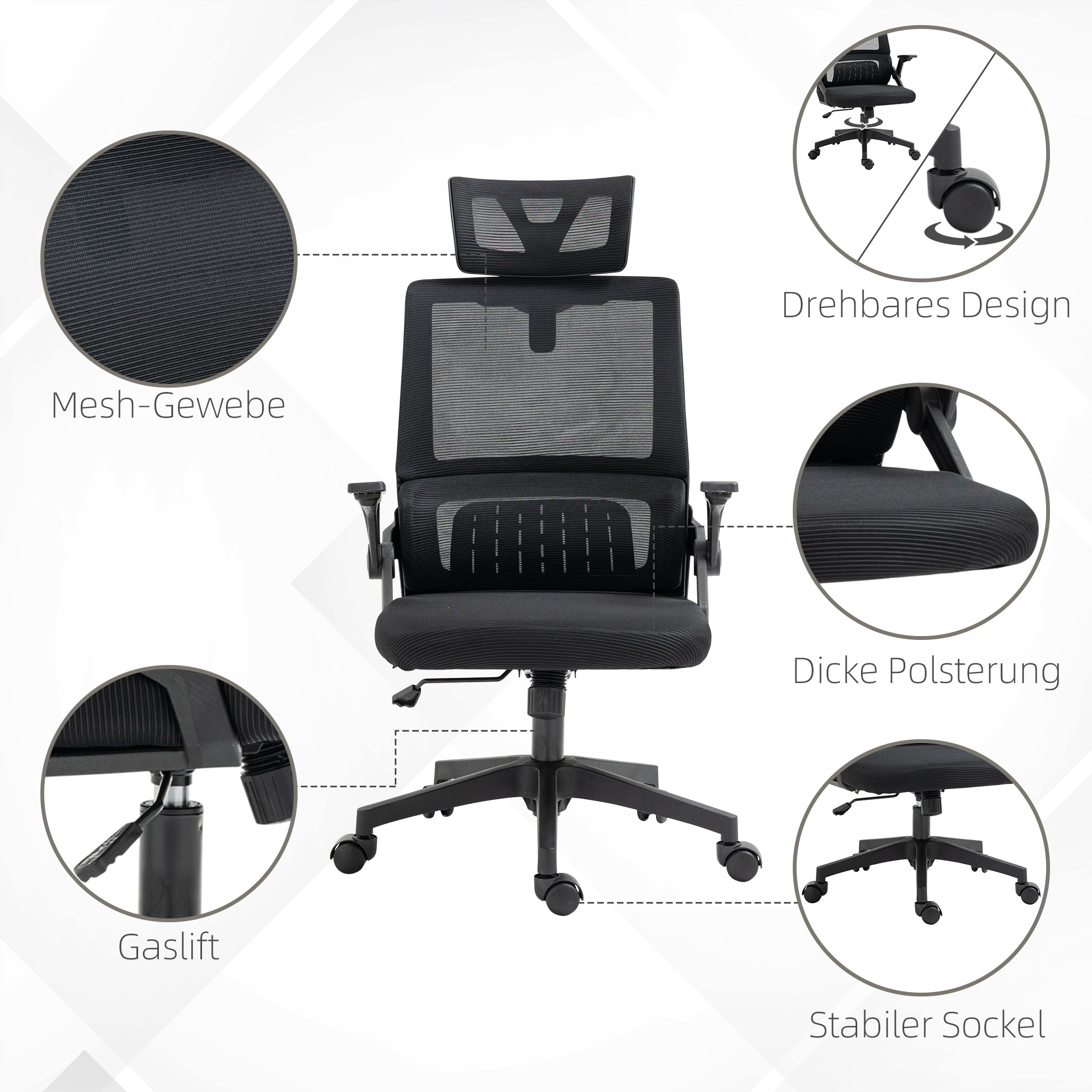 Vinsetto Bürostuhl Schreibtischstuhl Office-Stuhl, höhenverstellbar, 1 Kopfstütze, 60 x 61 x 121,5 cm. Schwarz