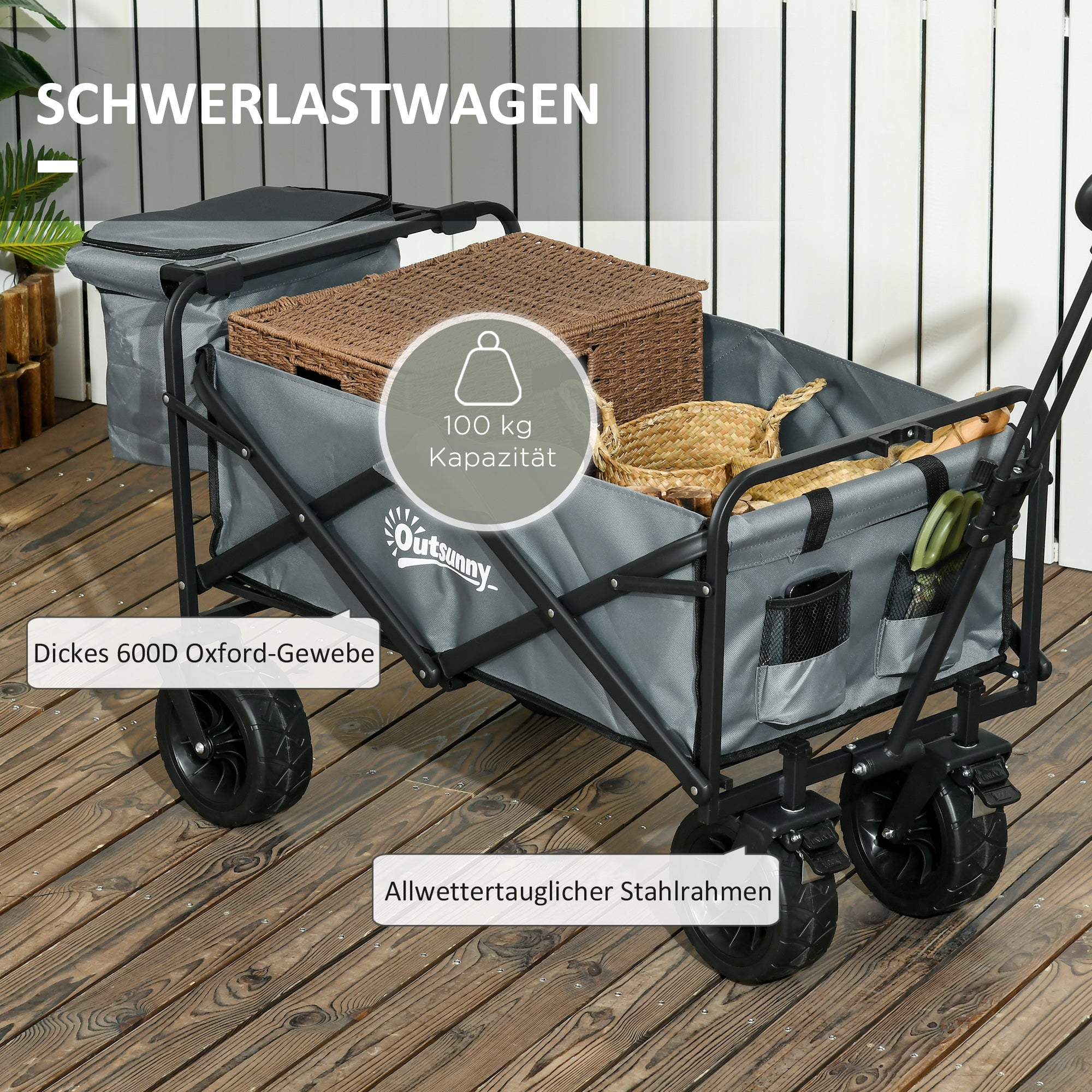 Outsunny Bollerwagen mit Kühltasche, klappbar, Stahlrahmen, bis 100 kg, 113x57x77-100 cm, Dunkelgrau
