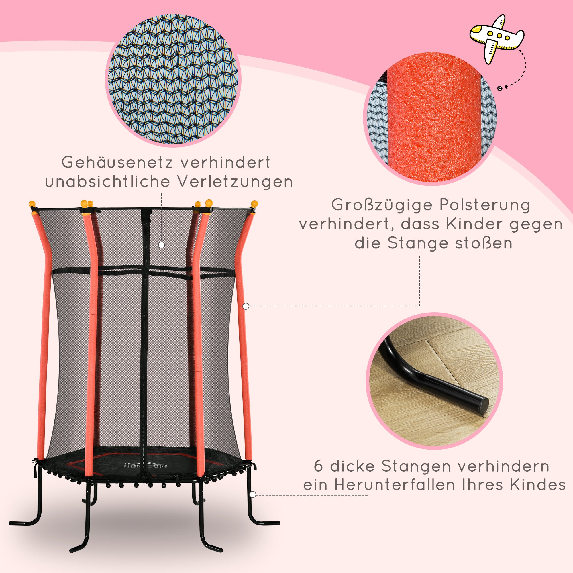 HOMCOM Trampolin für Kinder, Ø163,5 cm, mit Sicherheitsnetz, gepolstert, Stahl, belastbar bis 50 kg, Schwarz & Rot