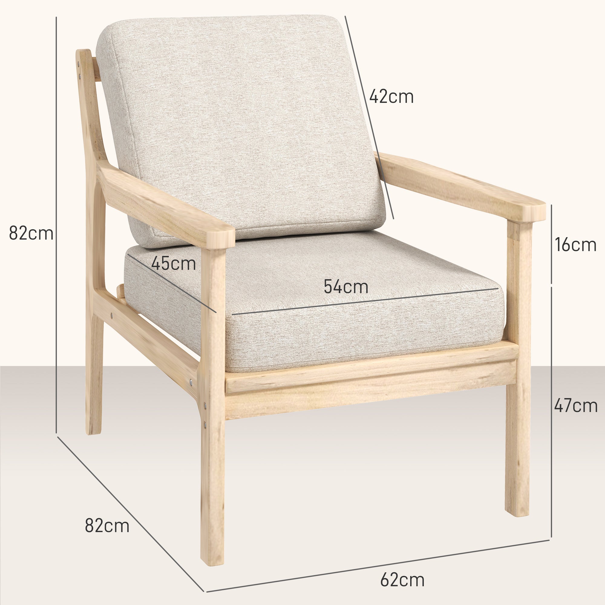 HOMCOM Polsterstuhl mit Armlehnen, solidem Holzrahmen und abnehmbaren Kissen, für Wohnzimmer, Schlafzimmer, Beige