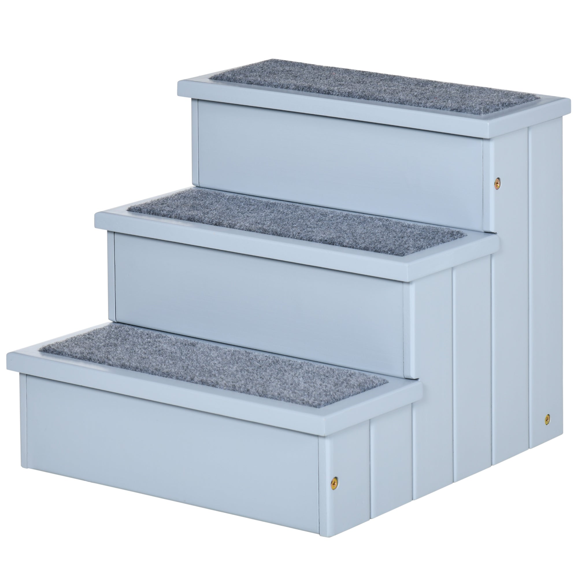 PawHut Hundetreppe 3 Stufen Katzentreppe Haustiertreppe Hundetreppe für Hunde und Katzen Tiertreppe Einstiegshilfe mit Teppich Stauraum für Sofa Bett Tannenholz Grau 40,5 x 44,5 x 38 cm