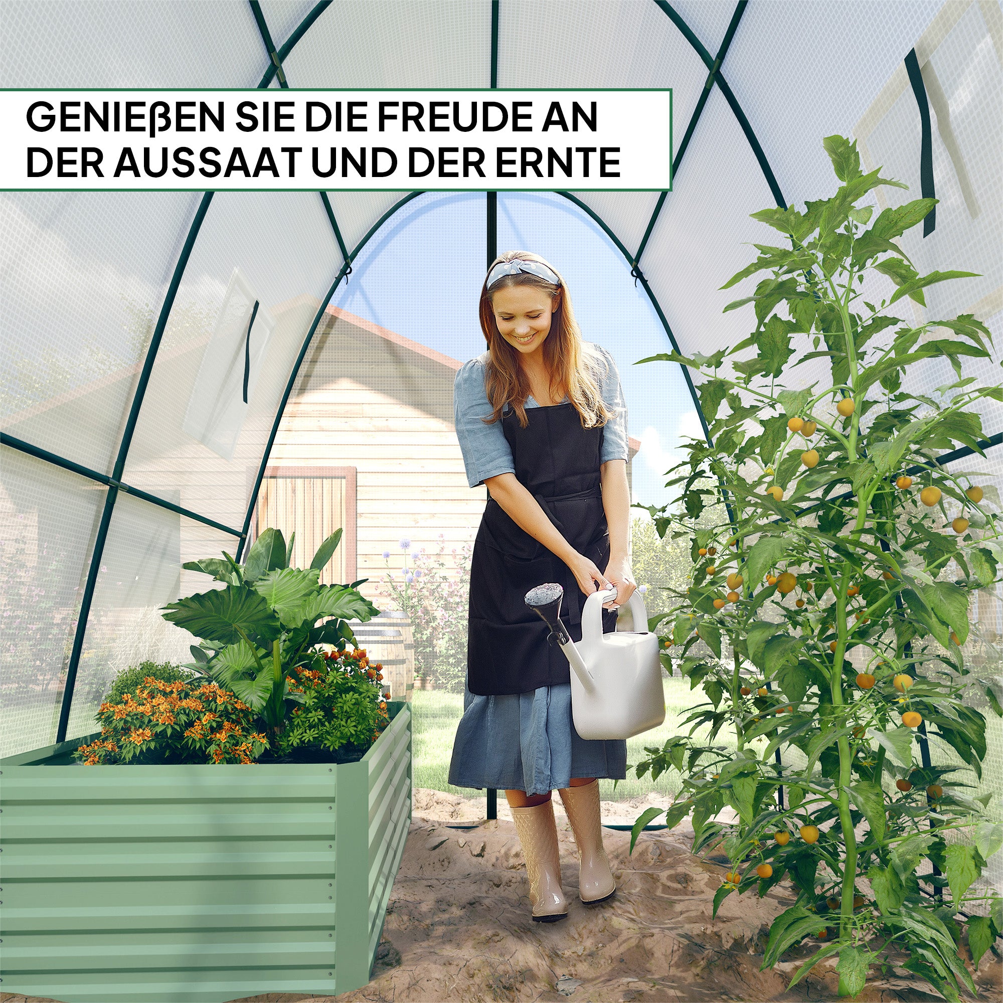 Outsunny Bogen-Gewächshaus mit Sandsäcken und Kunststoff-Abdeckung, 2 Rolltüren, Netzfenster, tragbar, 1,8 x 1,8 x 2 m, Weiß