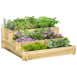 Outsunny Hochbeet, Blumenkasten, 3-stufig, Drainageöffnung, Stoffauskleidung, Naturholz, 93 x 93 x 35 cm, 93cm x 93cm x 35cm
