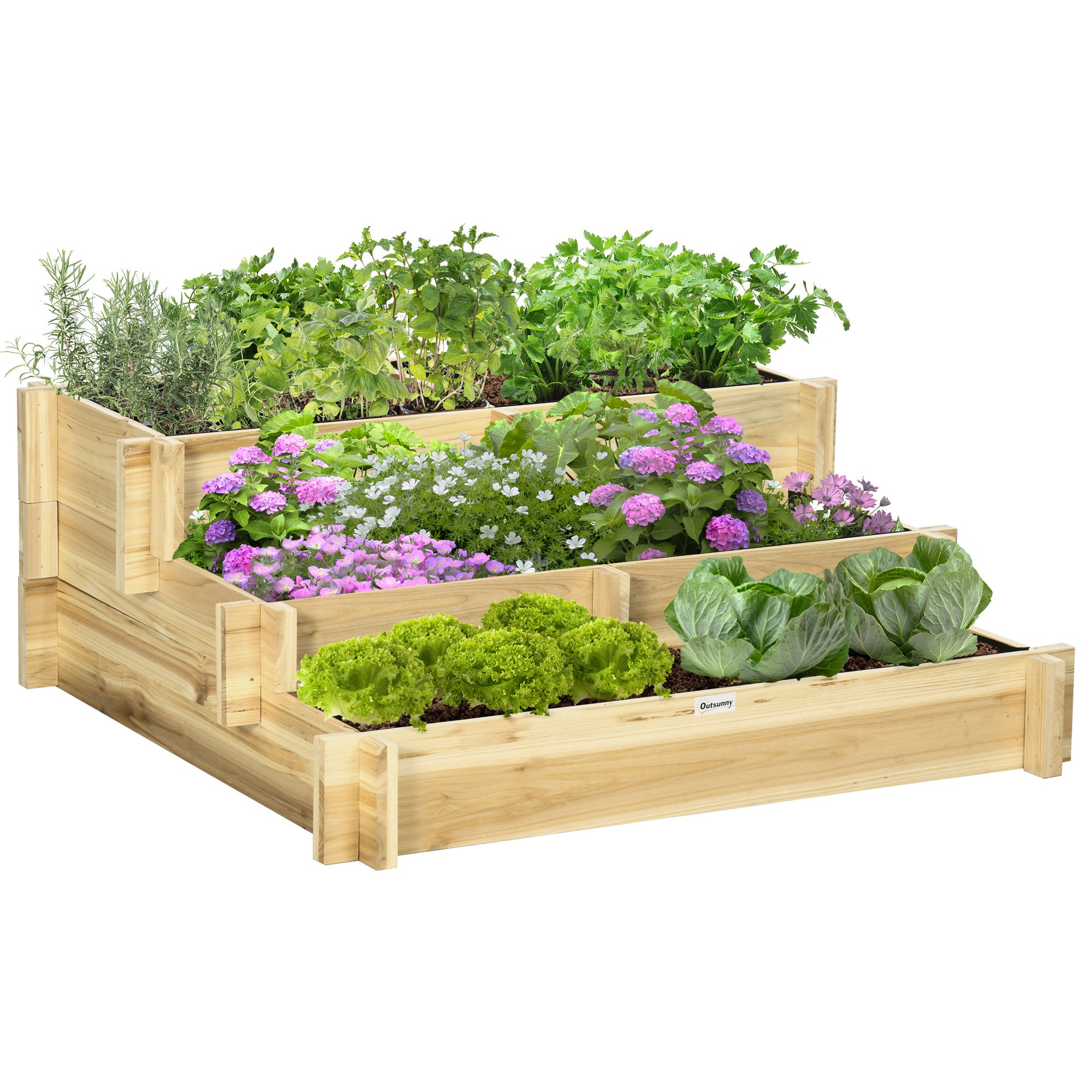 Outsunny Hochbeet, Blumenkasten, 3-stufig, Drainageöffnung, Stoffauskleidung, Naturholz, 93 x 93 x 35 cm