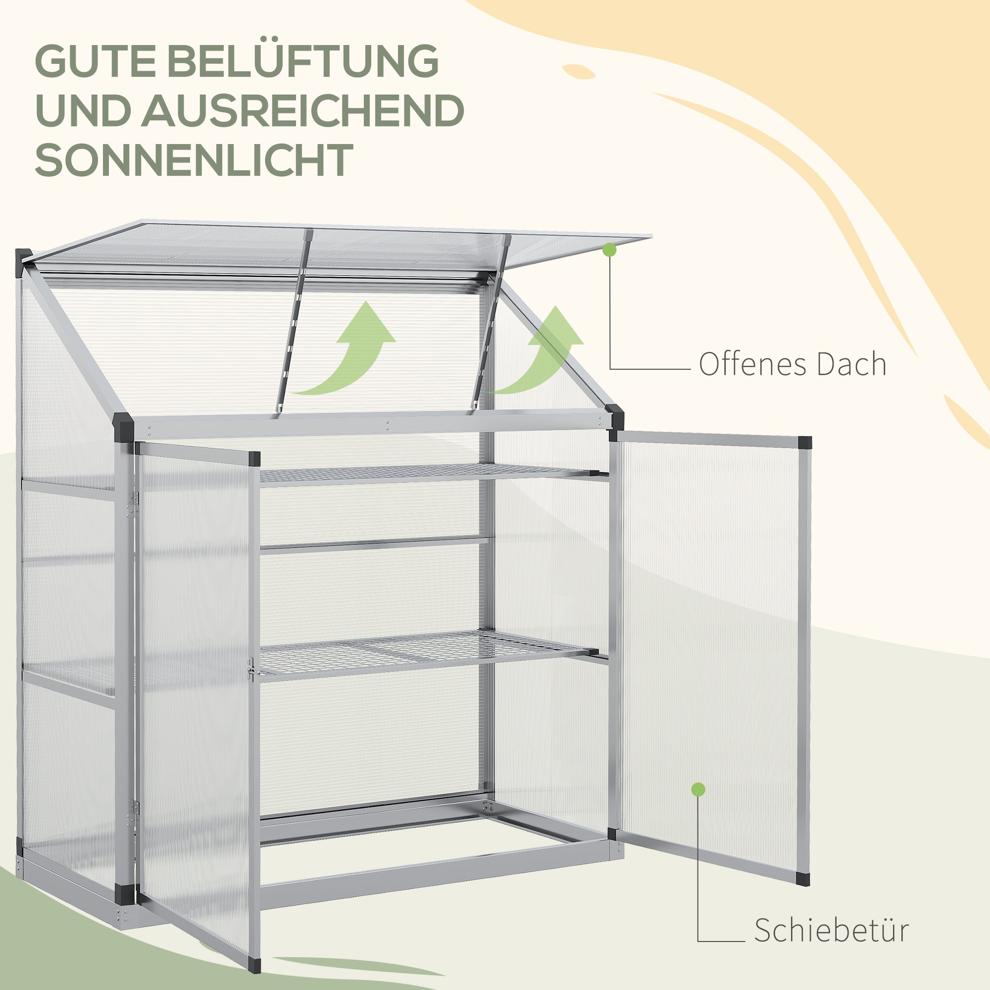 Outsunny Gewächshaus mit Fundamentrahmen, Polycarbonat-Gehäuse, 2 Regalböden, Aluminiumrahmen, 131 x 58 x 139,5 cm