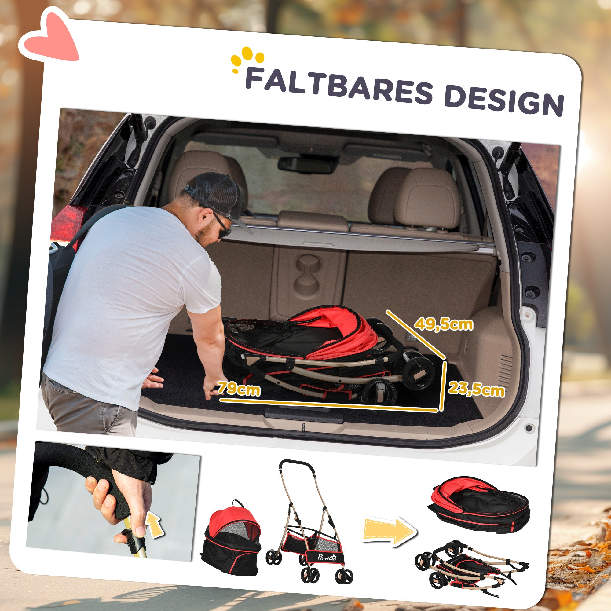 PawHut 2-in-1 Hundebuggy Tragtasche Autositz bis 10kg klappbar Bodenkorb 82 cm x 49,5 cm x 98 cm Rot