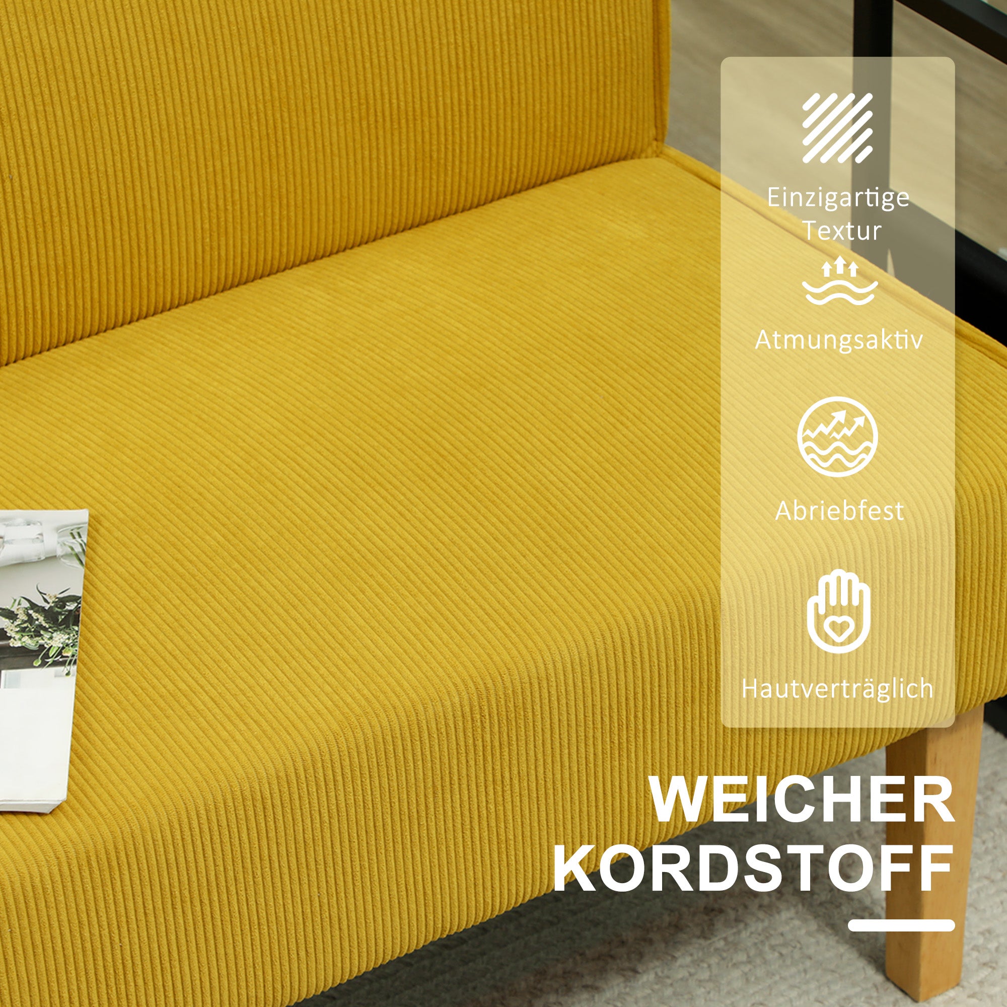HOMCOM Zweisitzer-Sofa mit Cord-Bezug, dicker Polsterung und soliden Holzbeinen für Wohnzimmer, Schlafzimmer, Büro, Gelb
