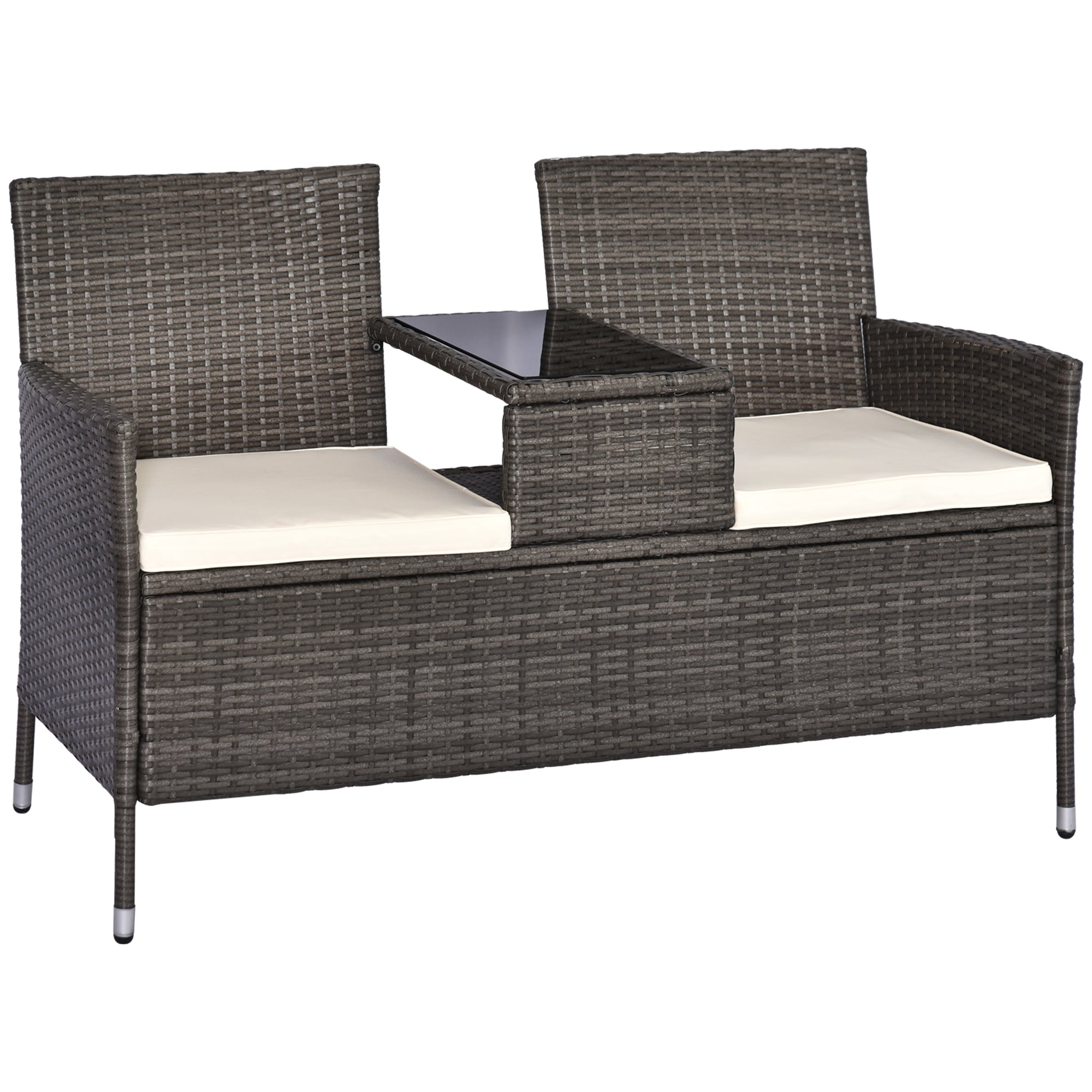 Outsunny Polyrattan Gartenbank 2-Sitzer mit integriertem Tisch Outdoor