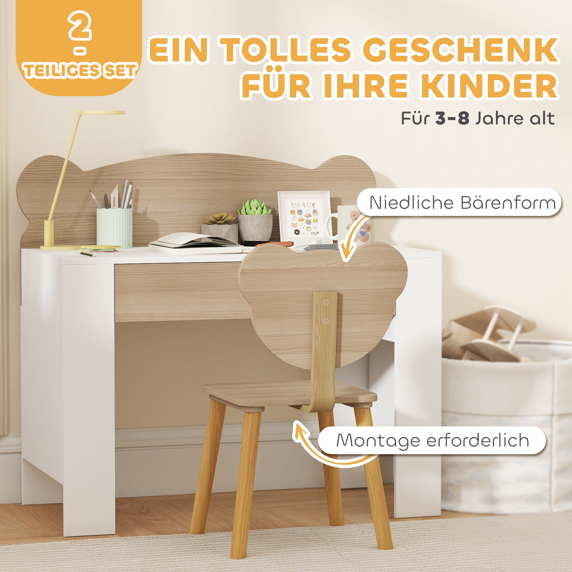 AIYAPLAY Schreibtisch-Set für Kinder, Arbeitstisch und Stuhl mit Bärenform, Schublade, zum Schreiben und Basteln, 3-8 Jahre, Naturholz