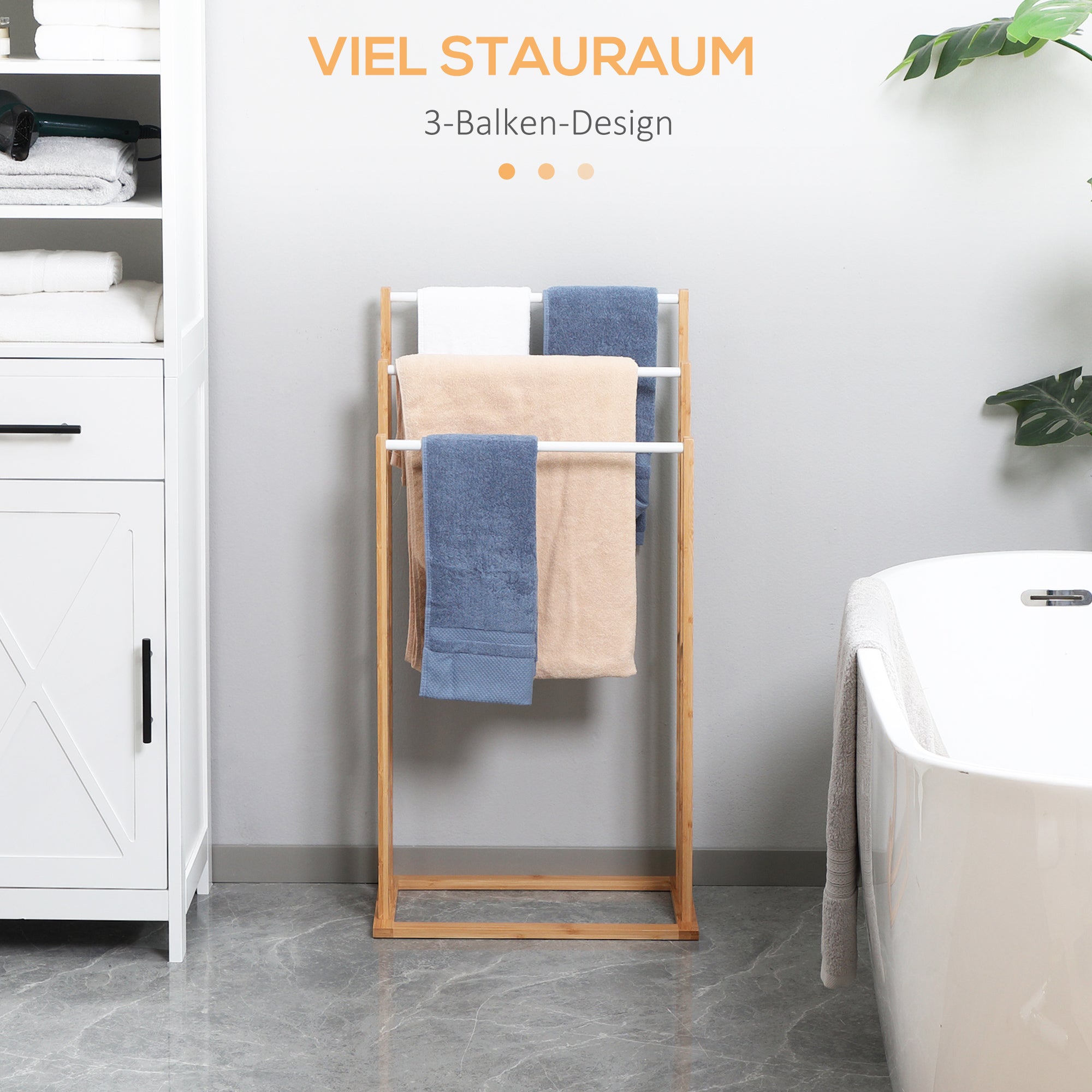 HOMCOM Handtuschständer aus Bambus. 3-teiliges Design, 3 Handtuchstangen 48 cm x 25,8 cm x 94 cm, Natur + Weiß
