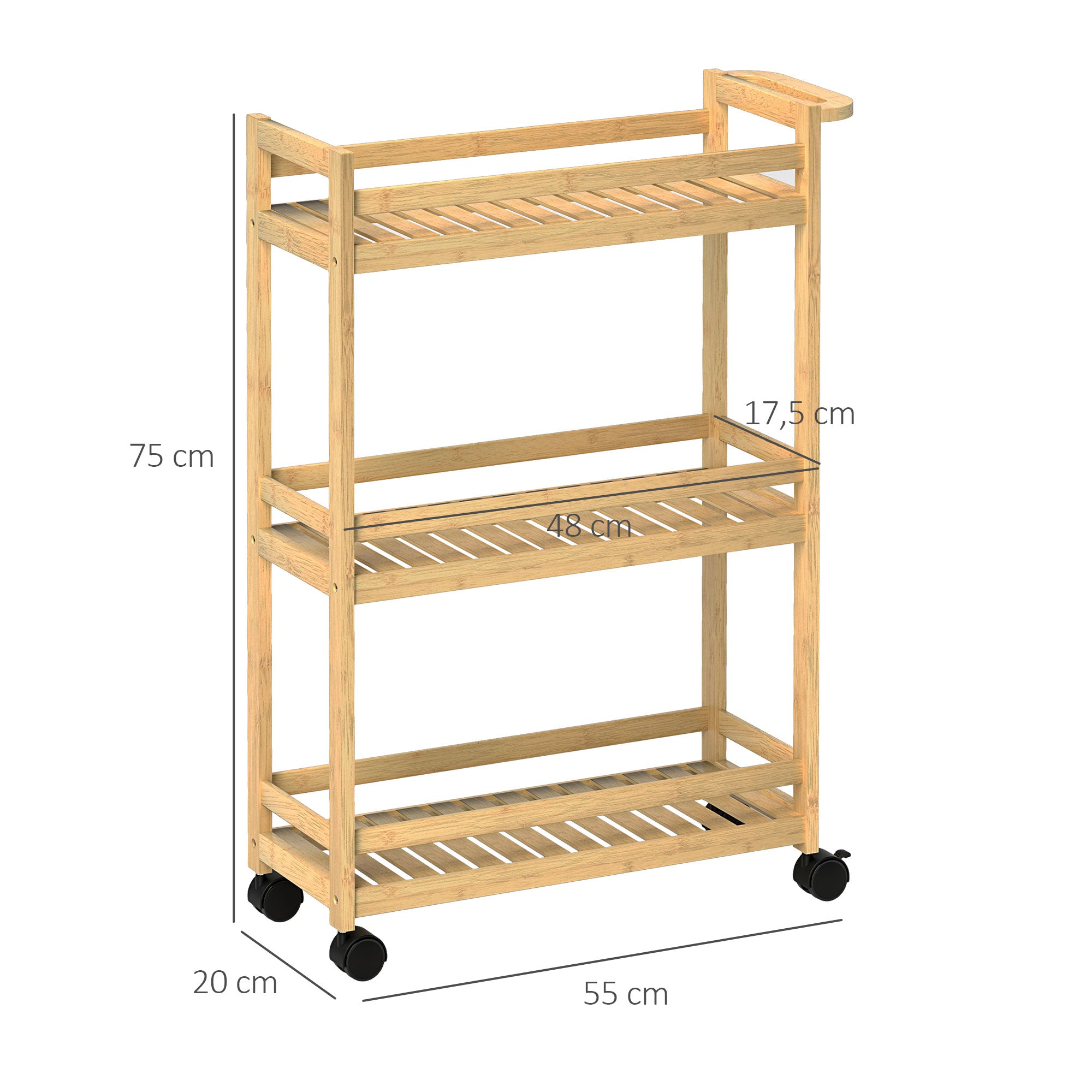 HOMCOM Servierwagen, 3 Etagen, Lamellenböden, Herausfallschutz, Bambus, 55 x 20 x 75 cm