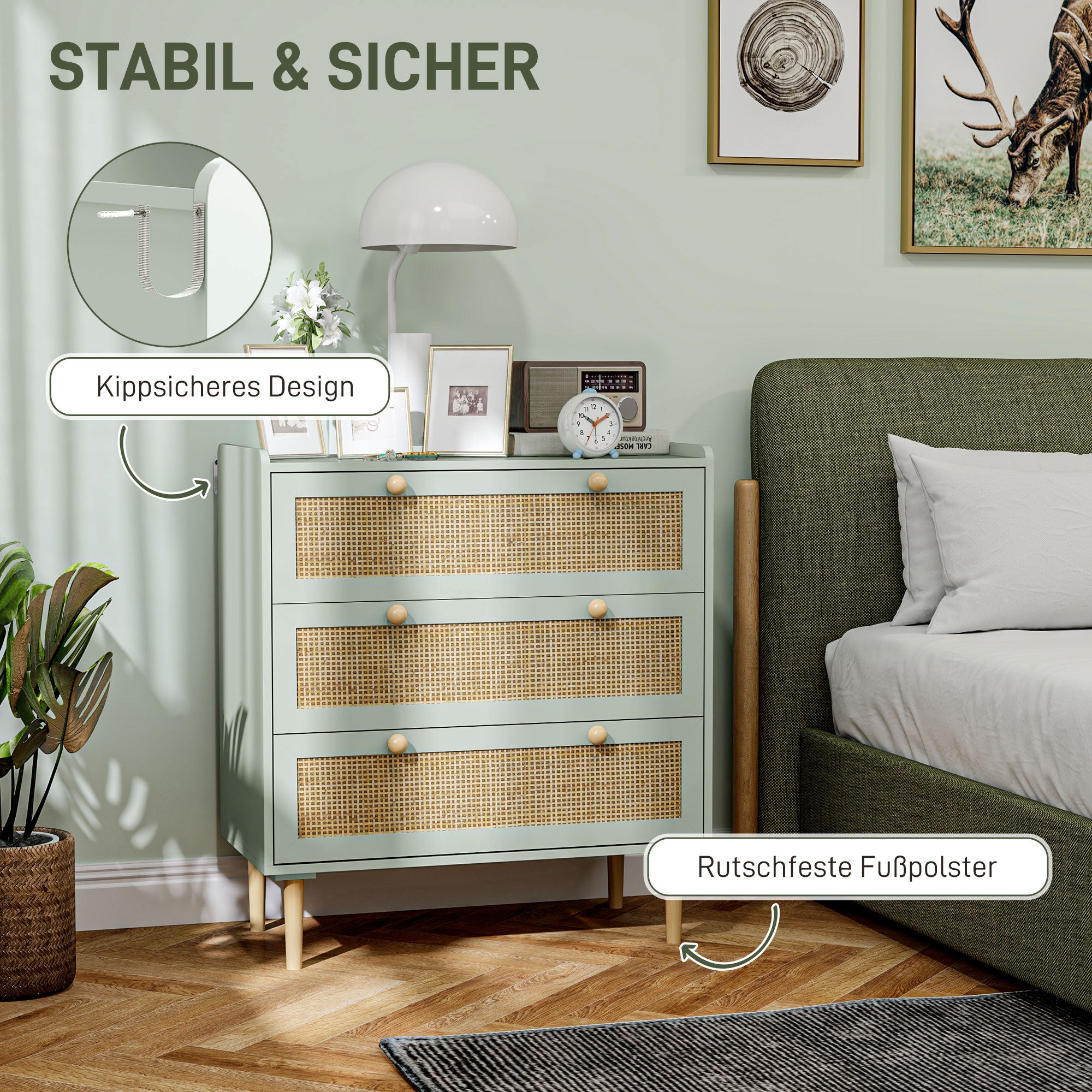 HOMCOM Schlafzimmer-Kommode mit 3 Schubladen, Rattan-Fronten, Kleiderkommode für Flur, Eingangsbereich, MDF, Grün