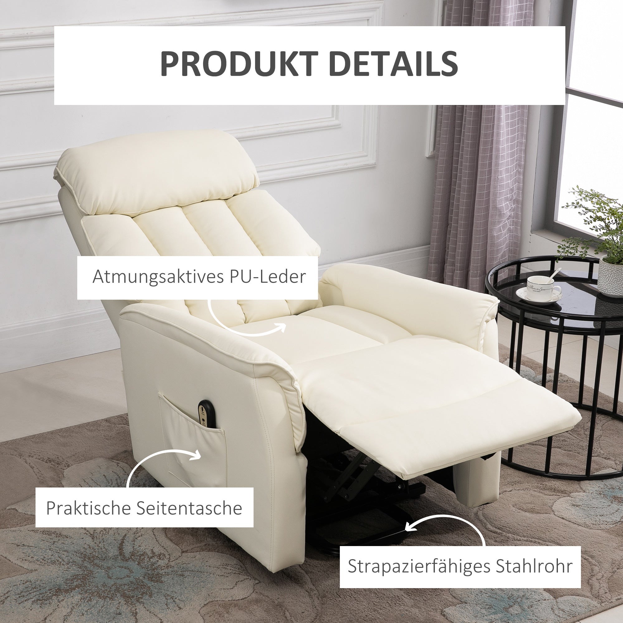 HOMCOM Relaxsessel Elektrisch Fernsehsessel mit Aufstehhilfe, Liegefunktion, TV Sessel mit Fußteil, Seitentasche, Fernbedienung, für Wohnzimmer, bis 150 kg, Kunstleder, Beige