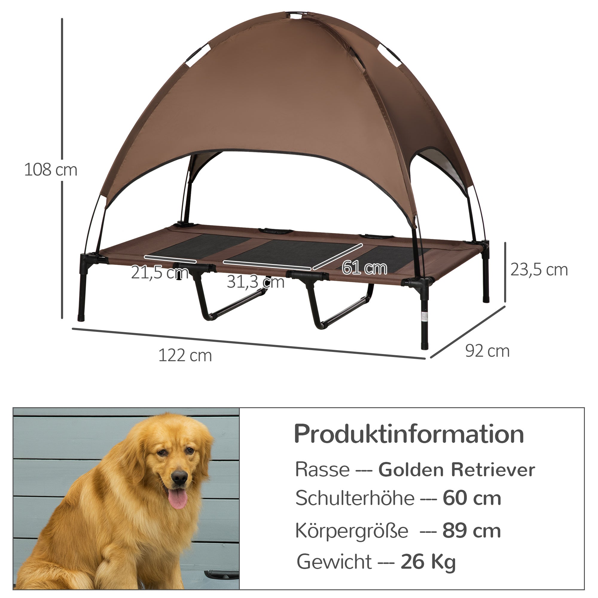PawHut Erhöhtes Hundebett mit Baldachin, Haustierbett, Hundeliege outdoor mit Dach, Atmungsaktiv, Taftstoff für Camping Kaffee 122 x 92 x 108 cm