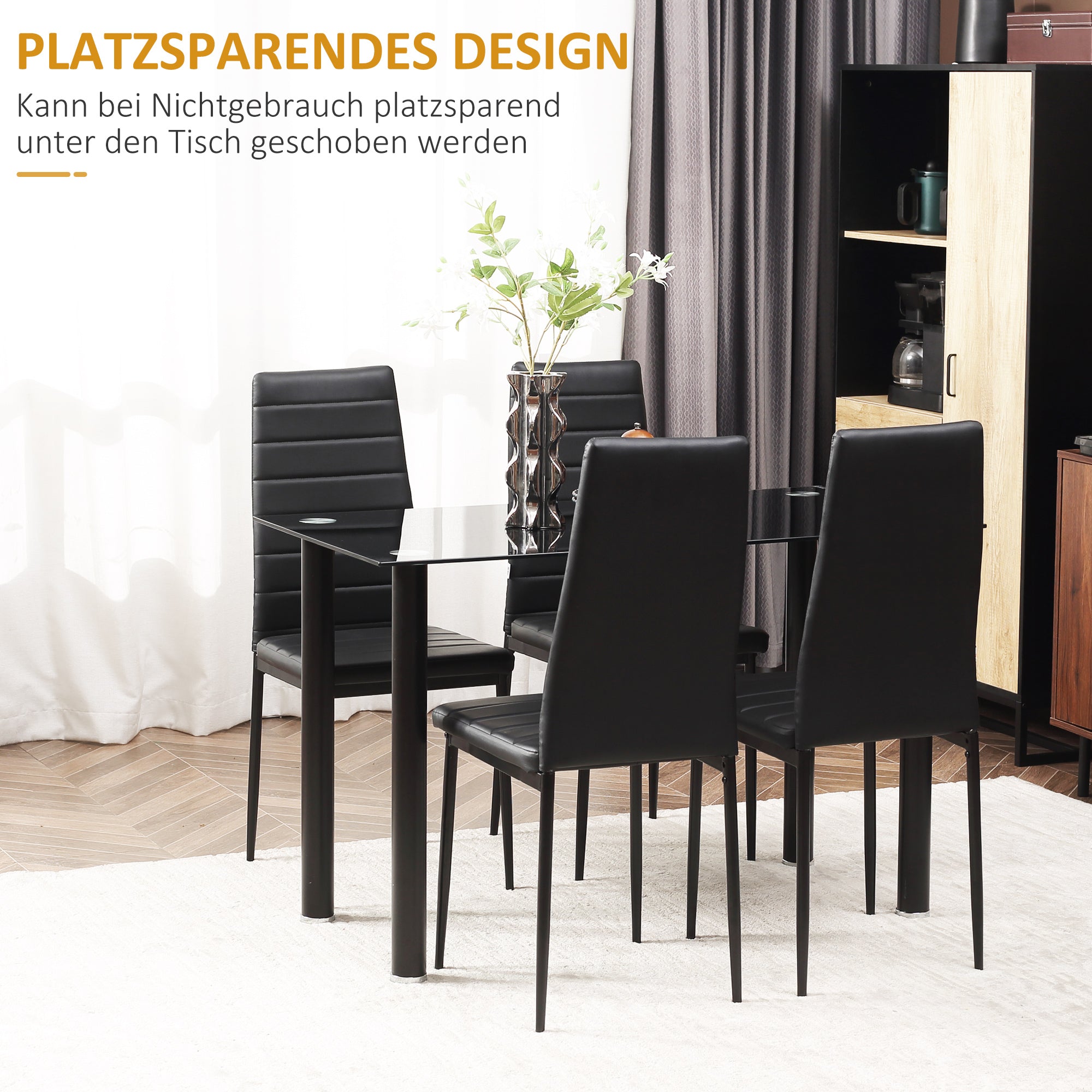 HOMCOM 5-tlg. Essgruppe Sitzgruppe Esstisch mit 4 Stühlen, modernes Design, Glastisch, Schwarz