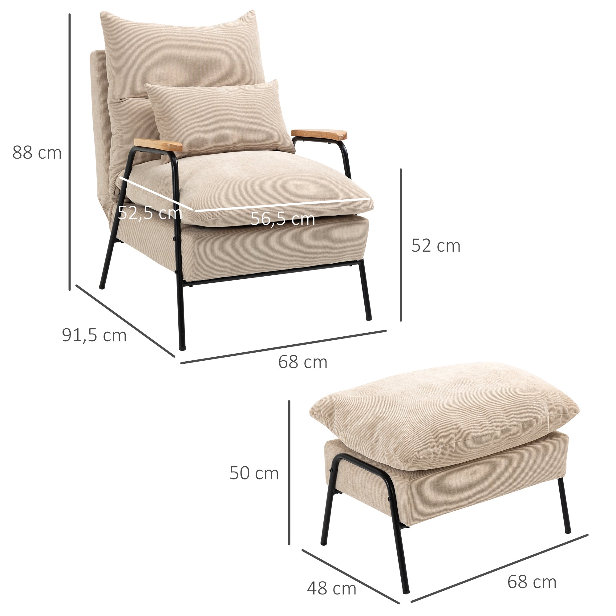 HOMCOM Polstersessel mit Hocker, Relaxsessel mit Liegefunktion, Polsterstuhl, Kissen, Fernsehsessel, 68 x 91,5 x 88 cm, Beige