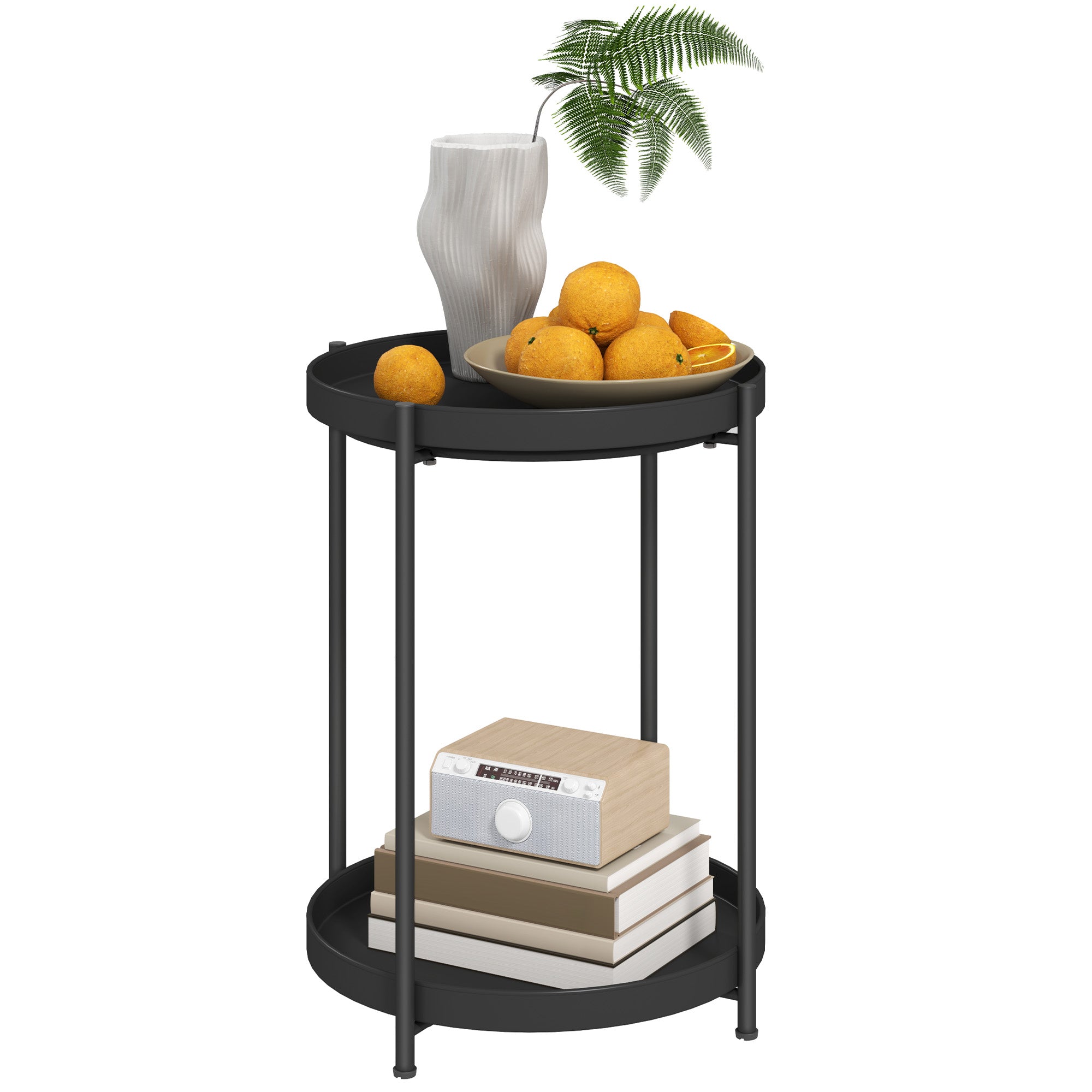 HOMCOM Runder Beistelltisch mit Regalboden, 2-stufiger Kaffeetisch für Wohnzimmer, Schlafzimmer, kleine Räume, Metall, Schwarz