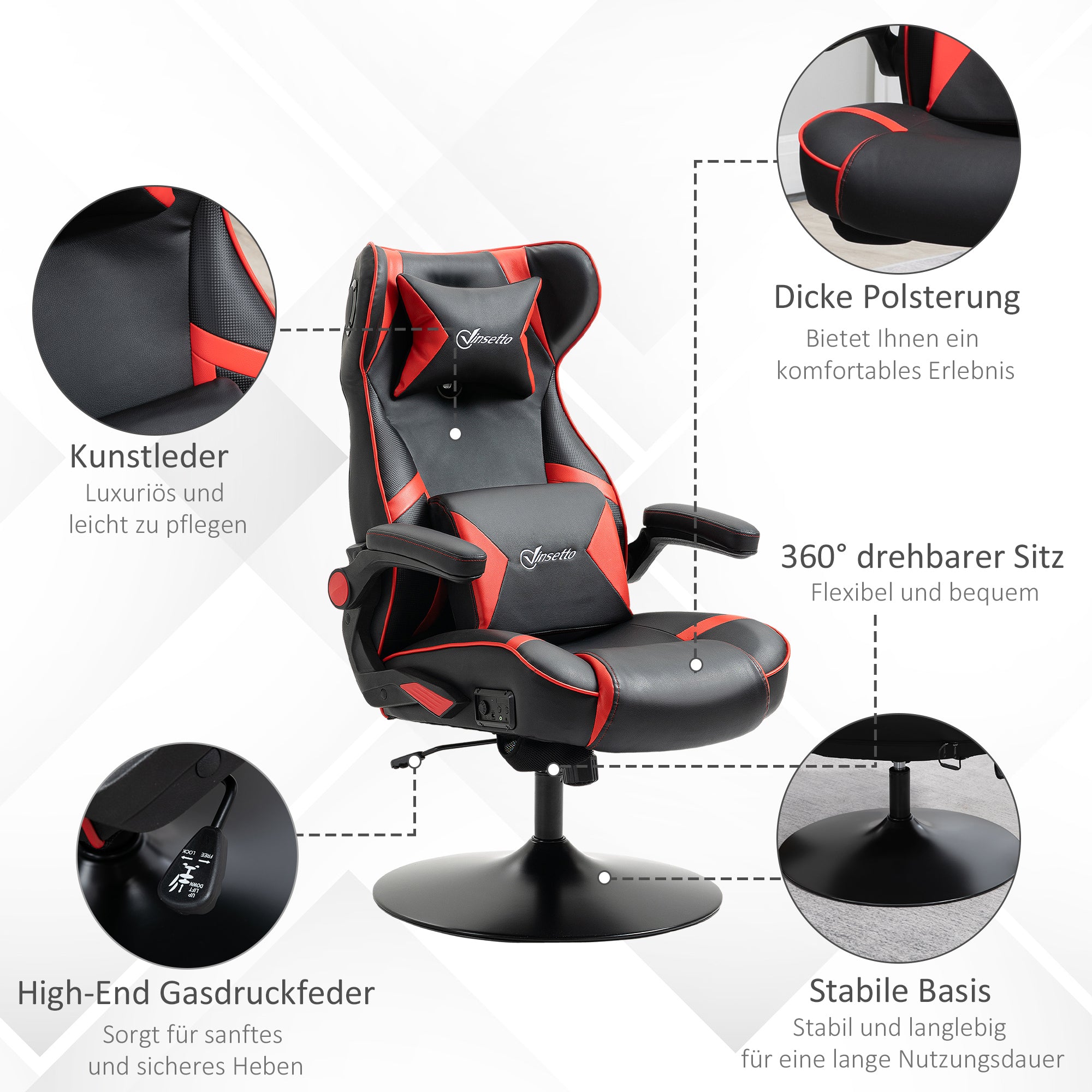 Vinsetto Gamingsessel, Gamingstuhl, integrierte Lautsprecher, neigbare Rücklehne, schwarz+rot, 69 x 73 x 118cm