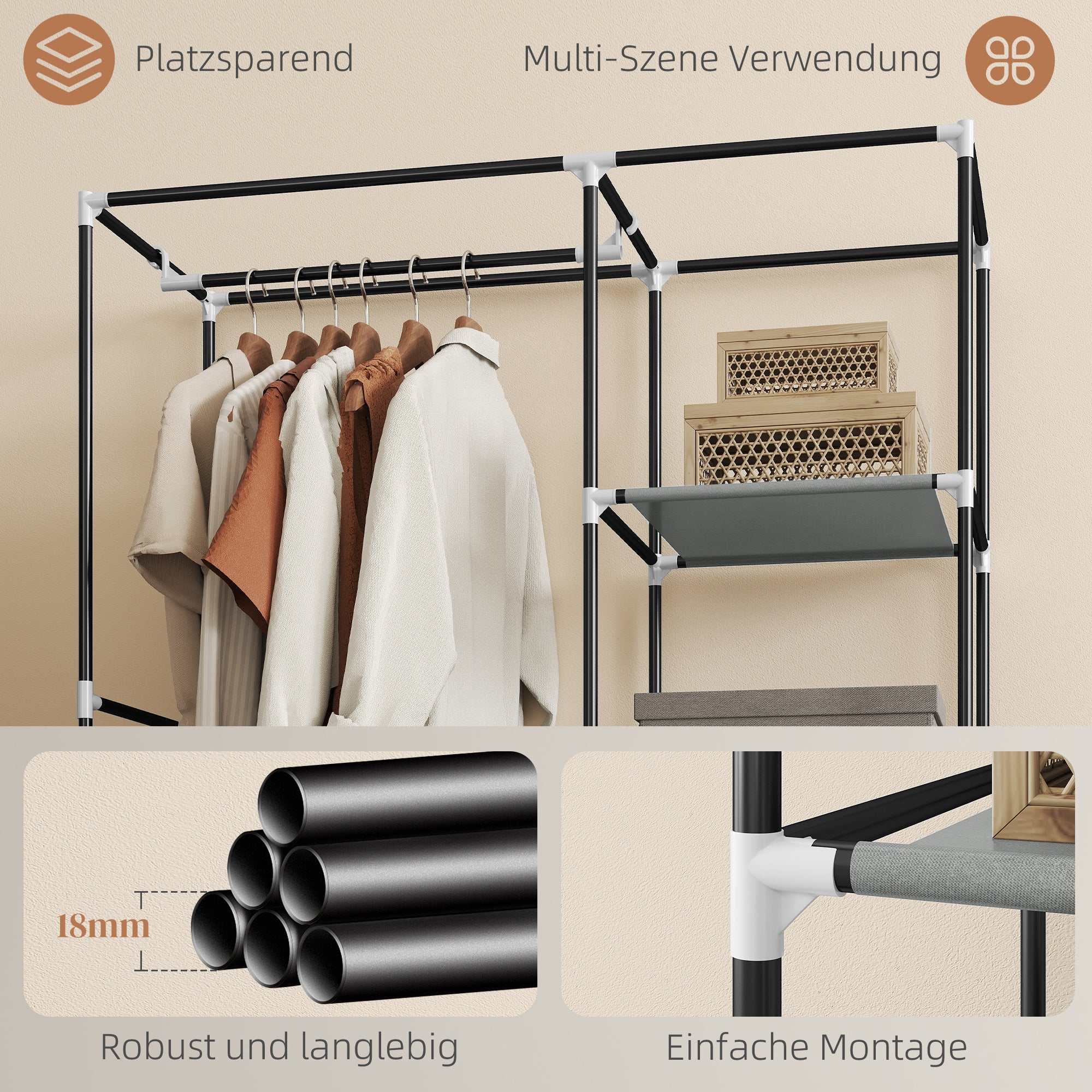 HOMCOM Schrank aus Stoff, Aufbewahrungslösung, 6 Regale, 1 Kleiderstange, Grau
