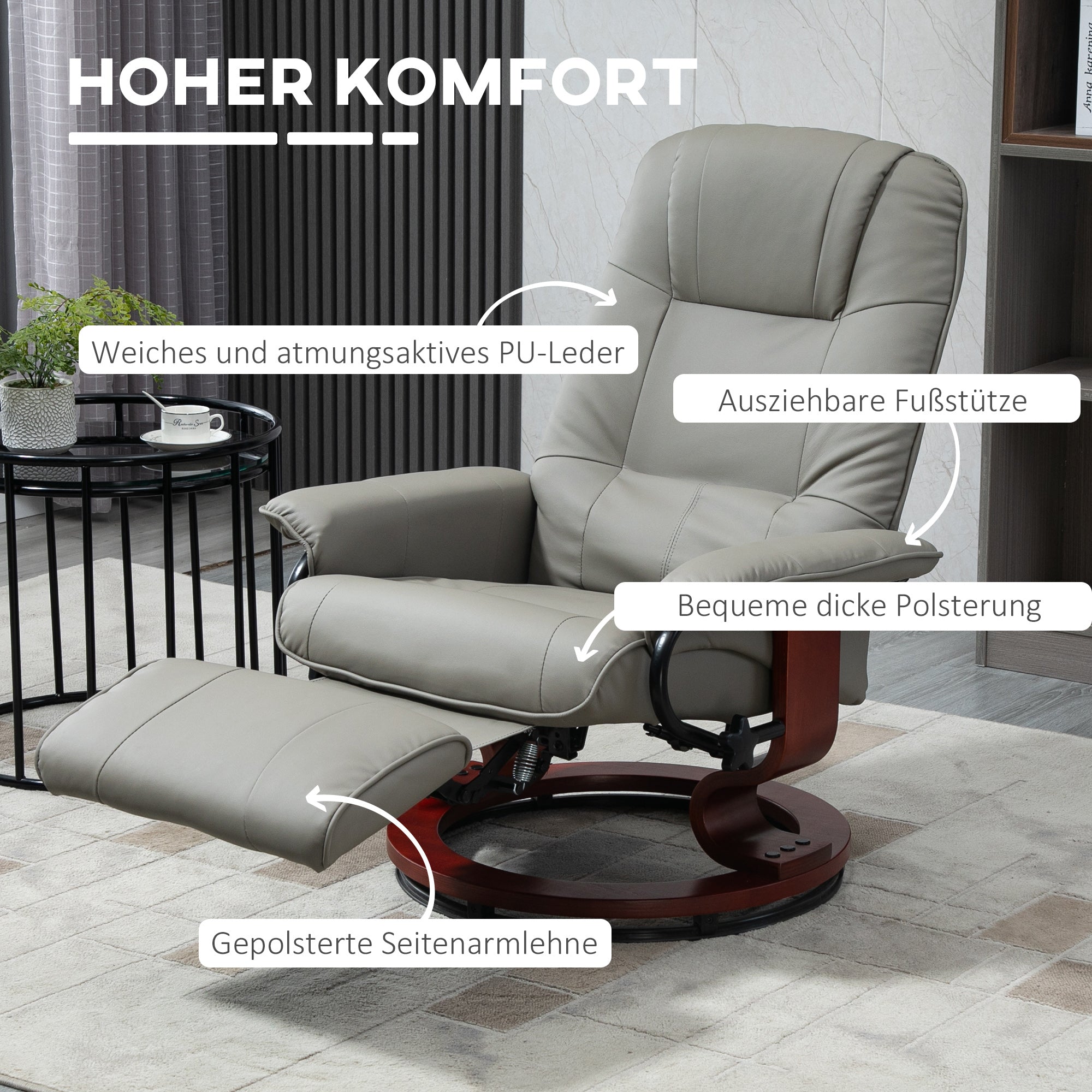 HOMCOM Relaxsessel Fernsehsessel Liegesessel Kunstleder 360° Drehstuhl 145° neigbar Grau 78 x 87 x 100 cm
