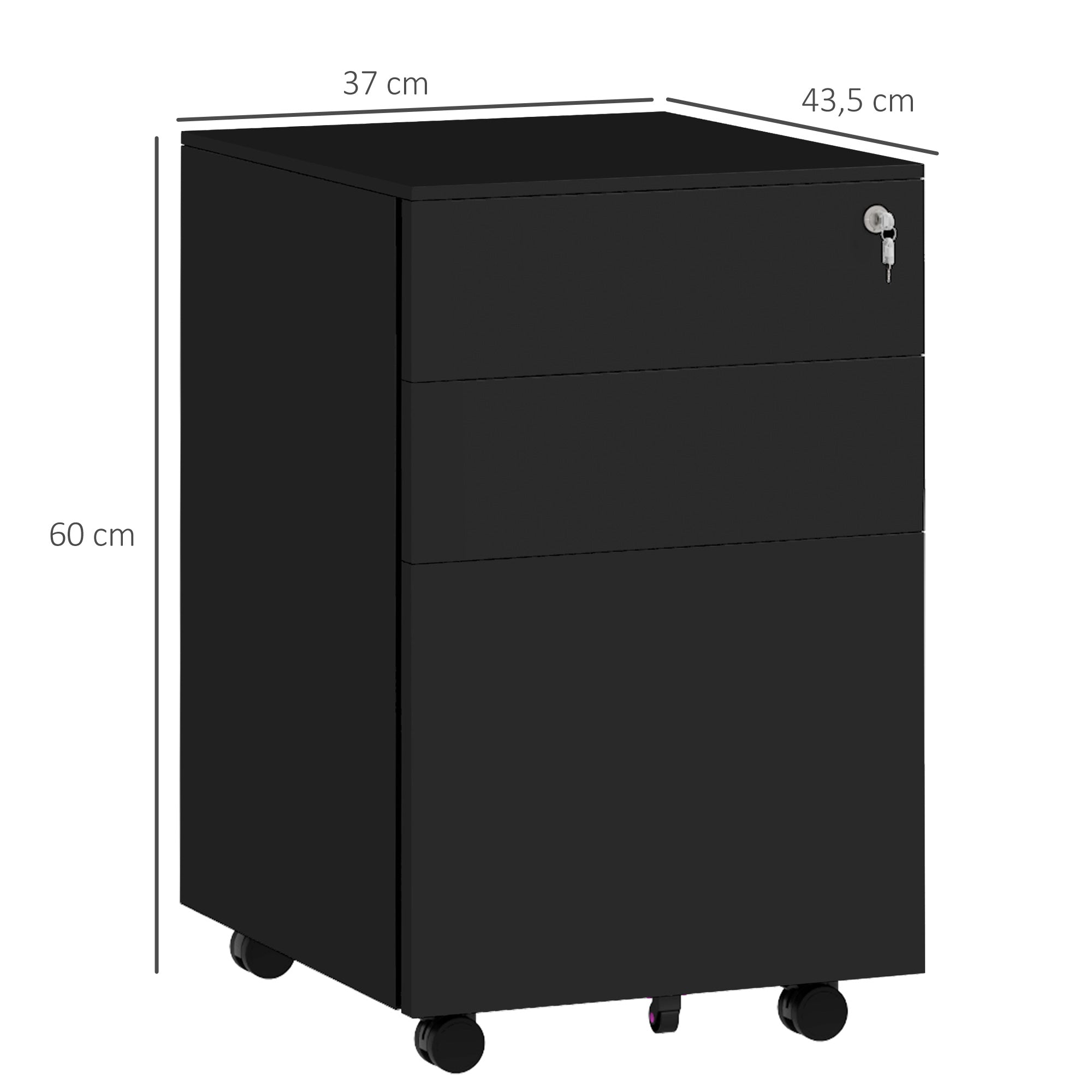 Vinsetto Rollcontainer Aktenschrank, 3 Schubladen, abschließbar, rollbar, 37 cm x 43,5 cm x 60 cm, Schwarz
