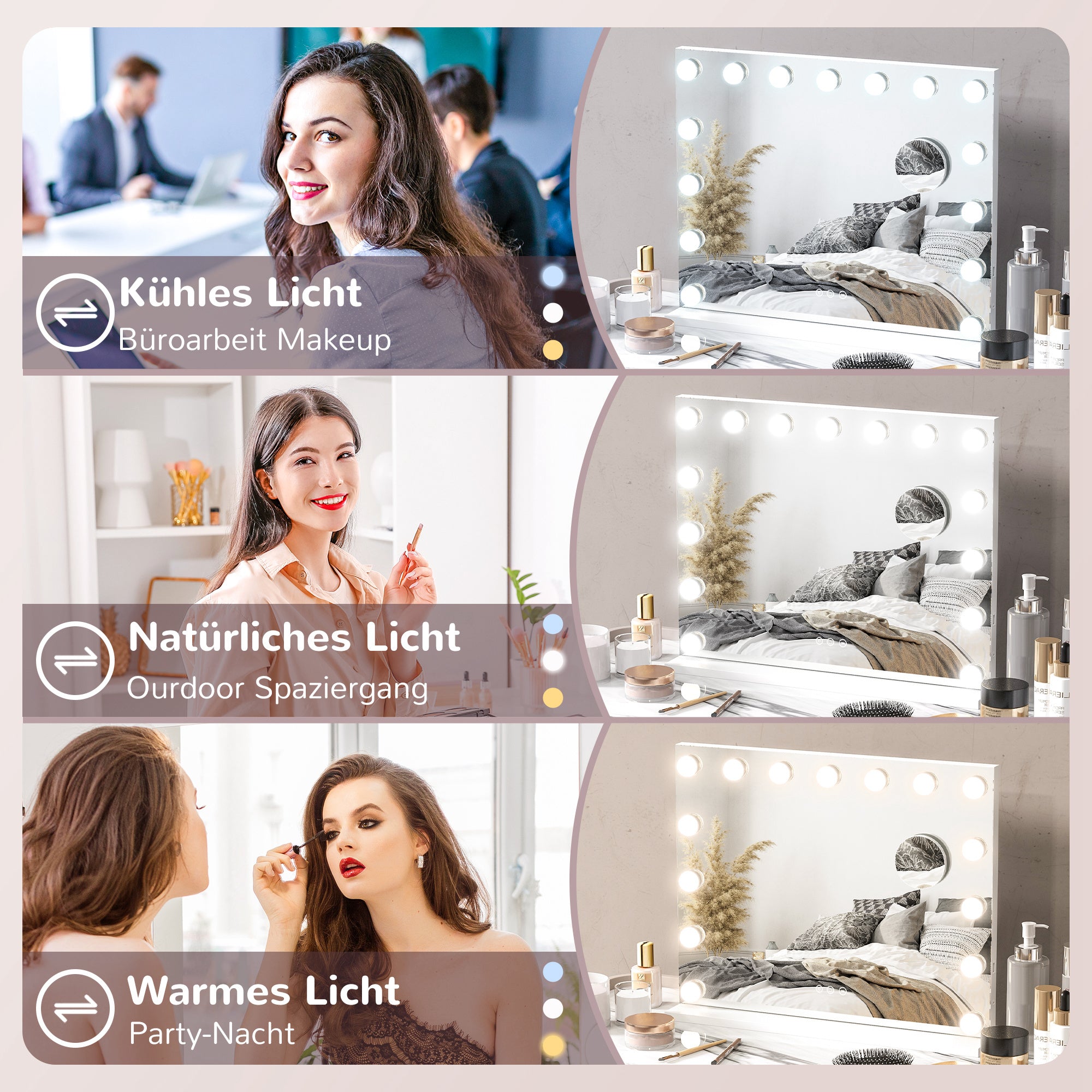 HOMCOM LED-Kosmetikspiegel, 3 Lichtmodi, dimmbar, Touch-Steuerung, USB, 58x48cm, Weiß