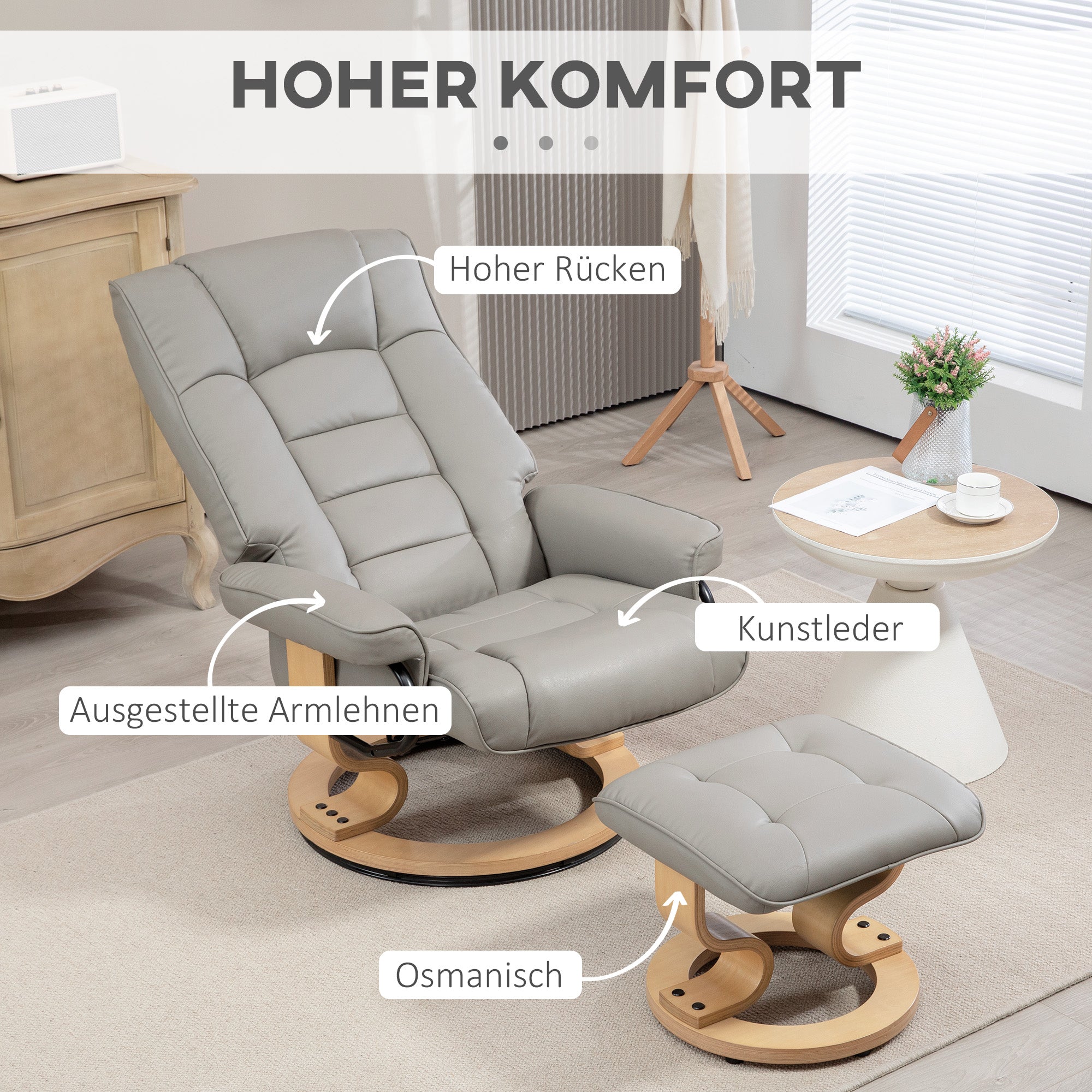HOMCOM Relaxsessel mit Hocker, drehbar & neigbar, Kunstlederbezug, bis 150 kg, Holzgestell, Grau