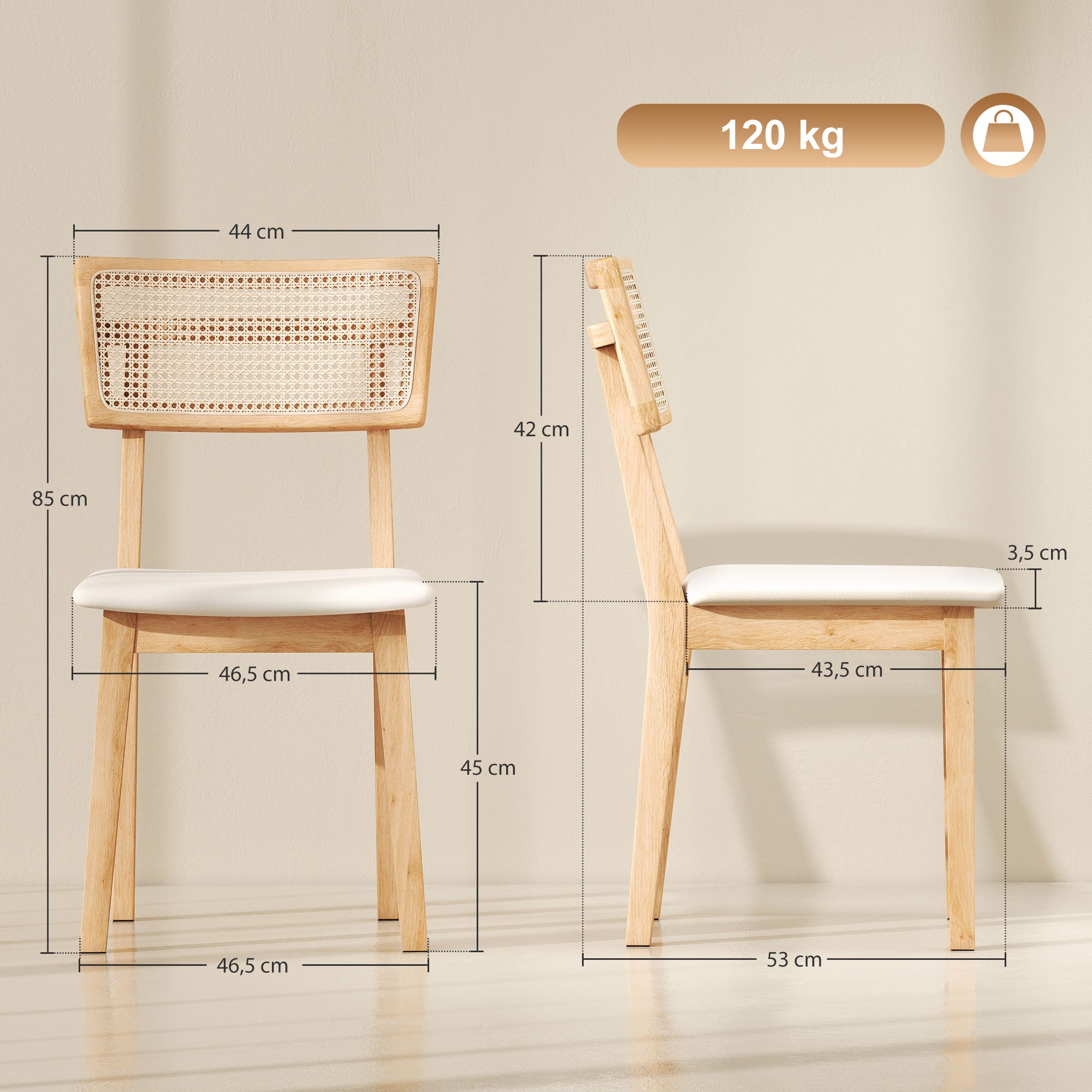 HOMCOM Esszimmerstuhl, Rattan-Rückenlehne, Kunstleder-Sitz, Kautschukholz, Naturholz