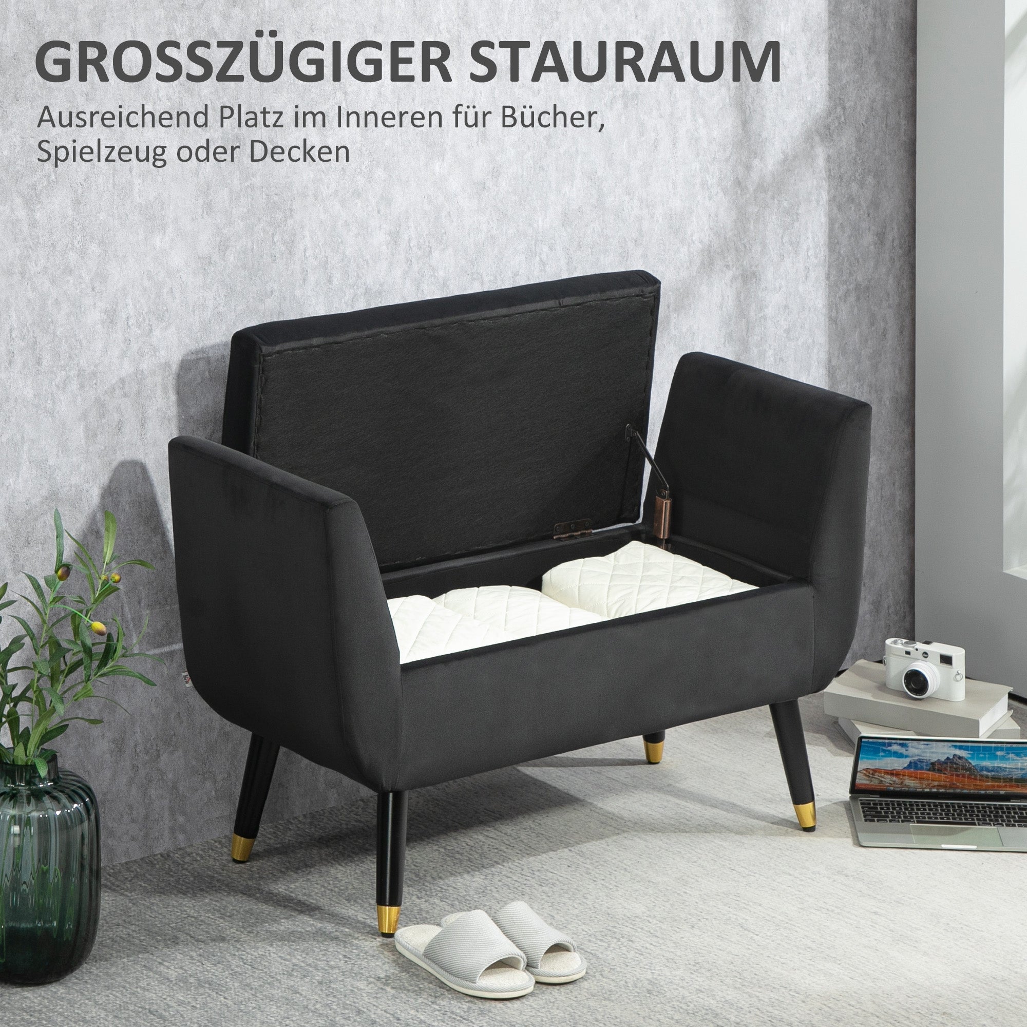 HOMCOM Sitzbank mit Stauraum und Armlehnen, Truhenbank, samtartiges Polyester, Kautschukholz, Dunkelgrau, 107 x 42 x 65 cm