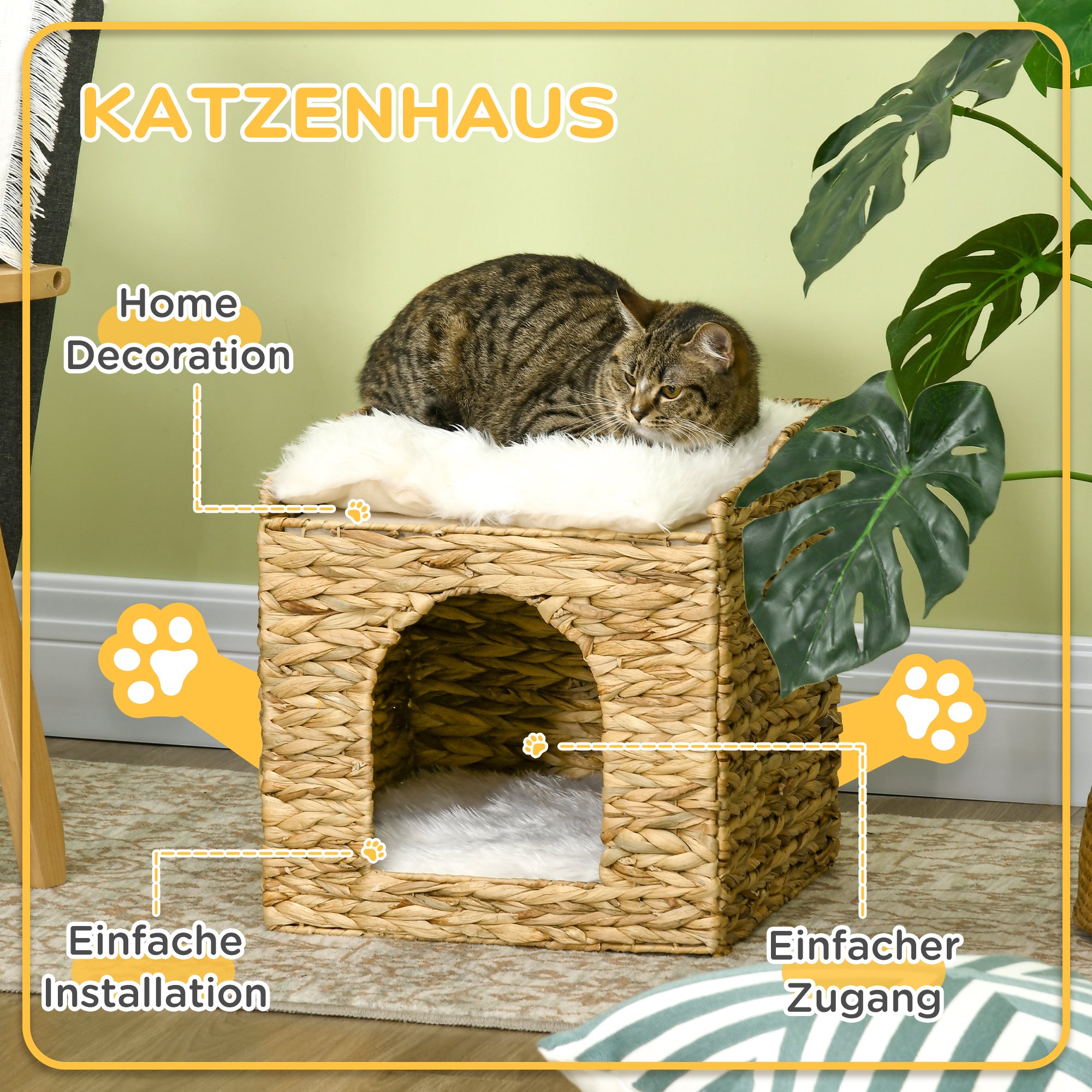 PawHut Katzenhöhle aus Wasserhyazinthen-Gras, 2 Liegefläche, 2 waschbare Kissen, Natur + Weiß