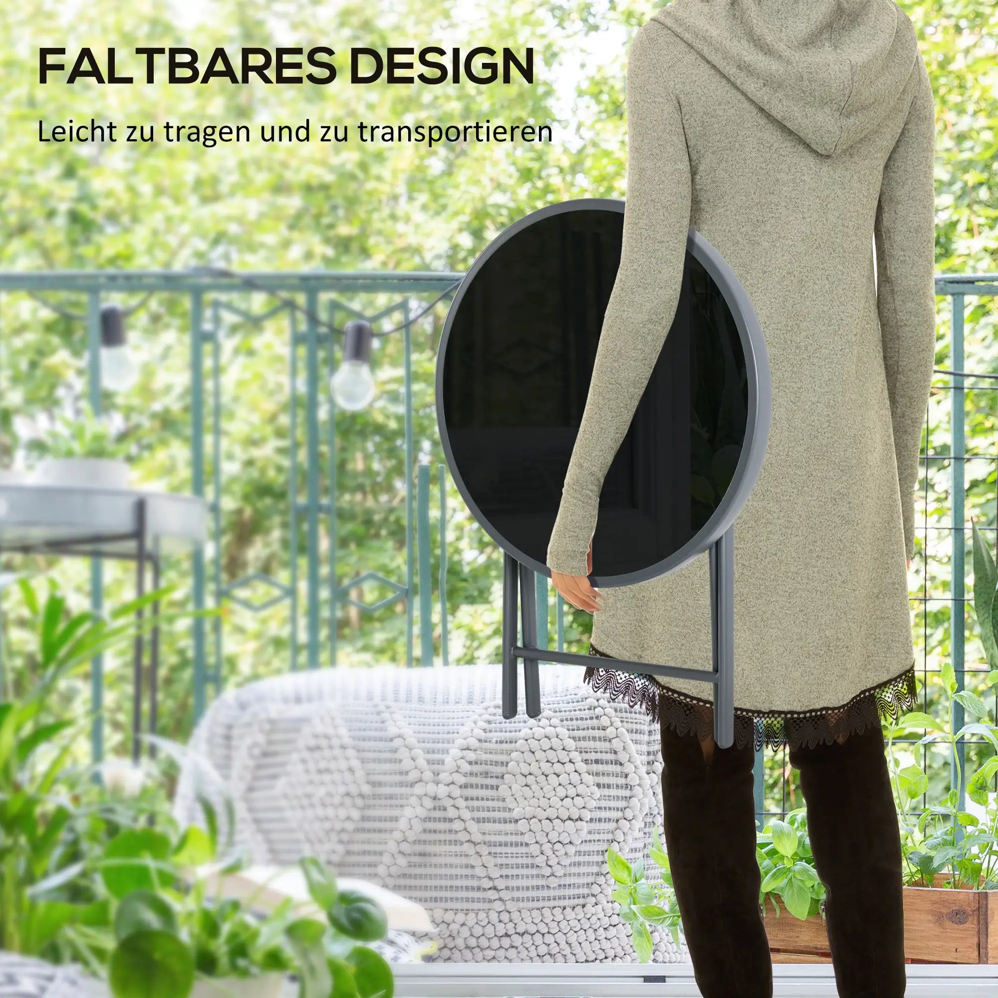 Outsunny Klappbarer Beistelltisch, Outdoor-Klapptisch, mit Tischplatte aus gehärtetem Glas, für Terrasse, 45 x 45 x 50 cm Schwarz