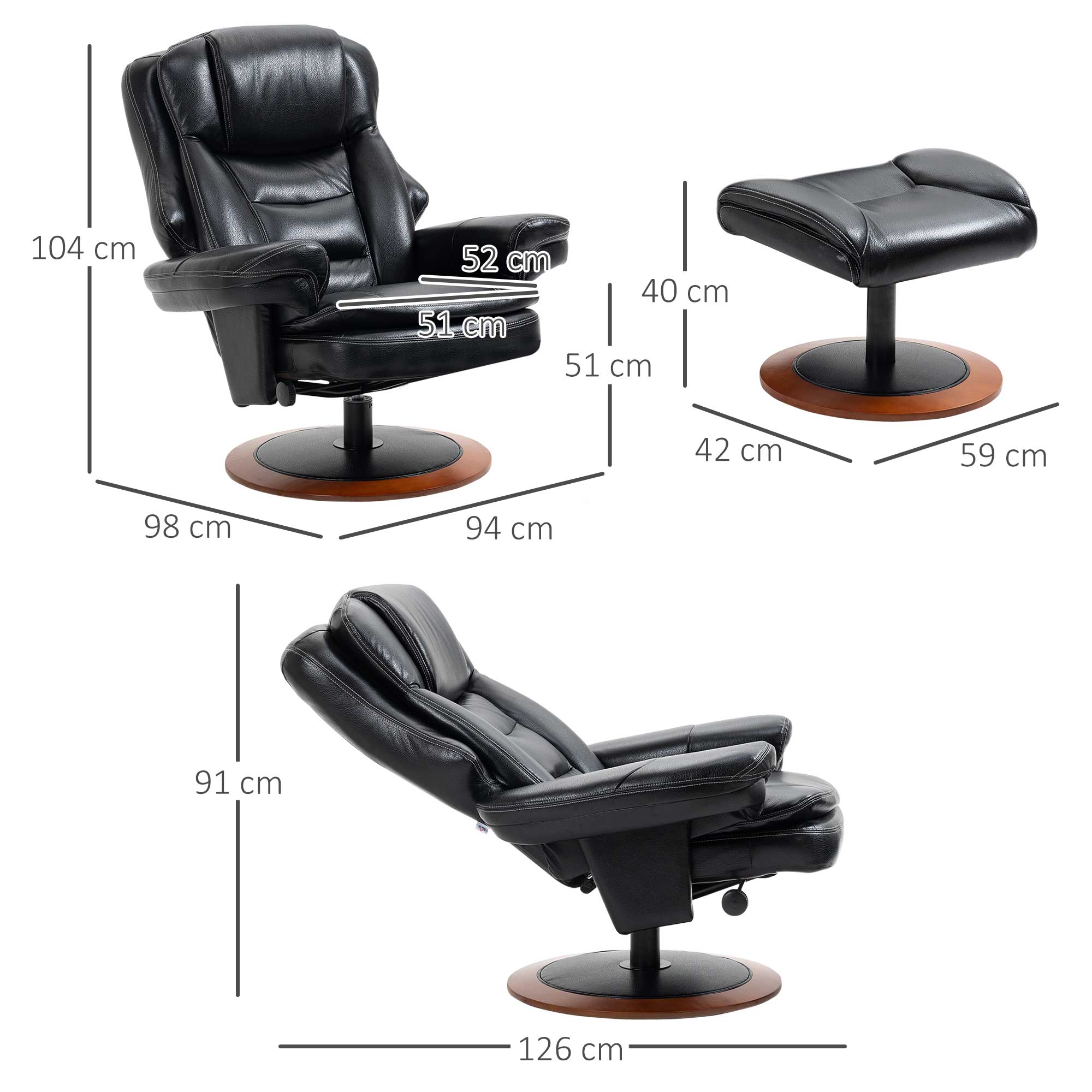 HOMCOM Relaxsessel mit Ottomane, Liegesessel, 360° drehbar, verstellbare Rückenlehen, Schwarz + Braun
