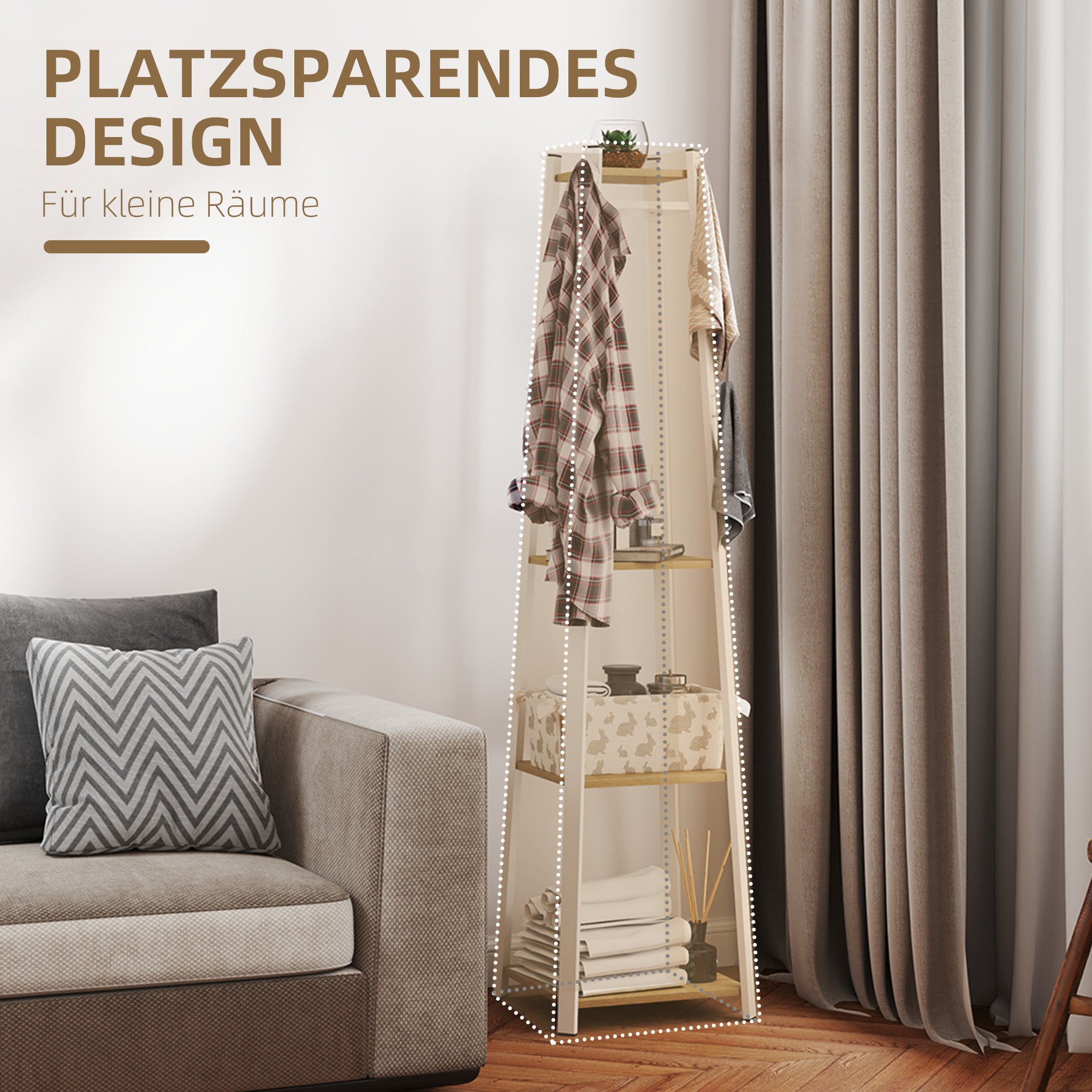 HOMCOM Kleiderständer, Trapez-Design, dreistufig, 8 Doppelhaken, Stahll, Weiß+Eiche