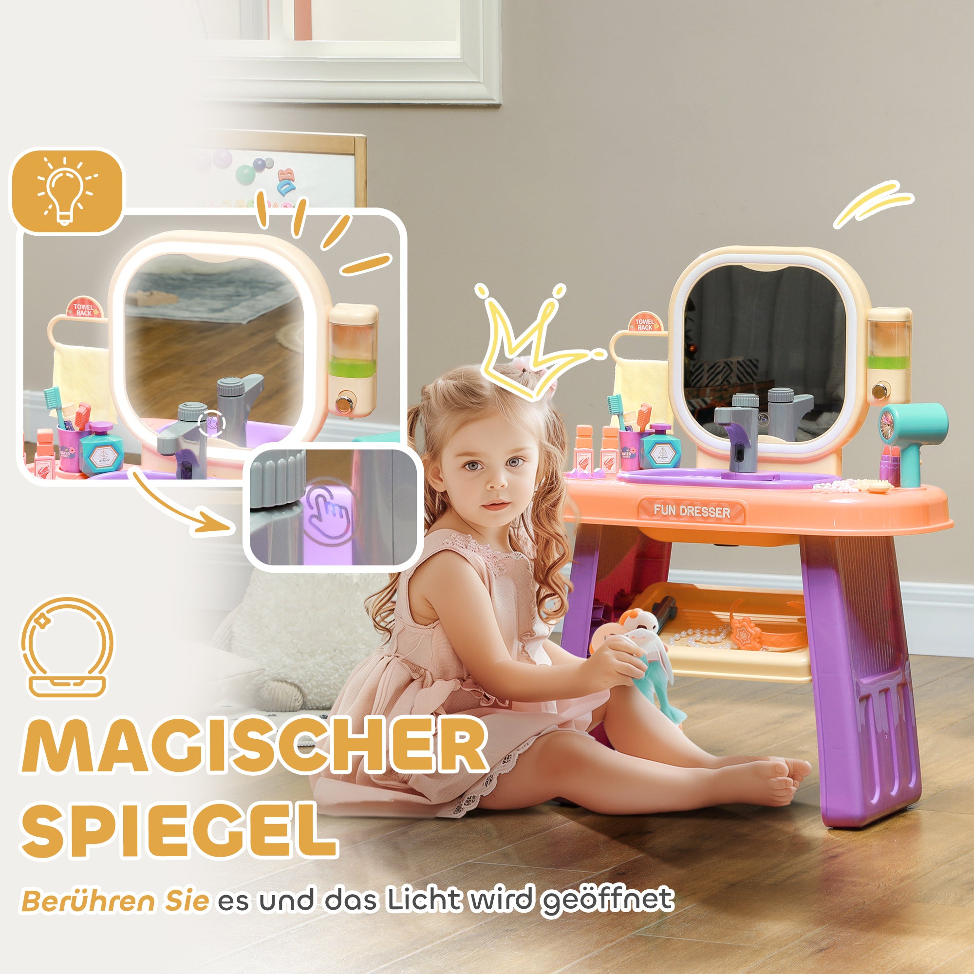 AIYAPLAY Kinderfrisiertisch mit LED-Spiegel, Musik, Wasserhahn, Acrylspiegel, Lila, 55x29x71 cm