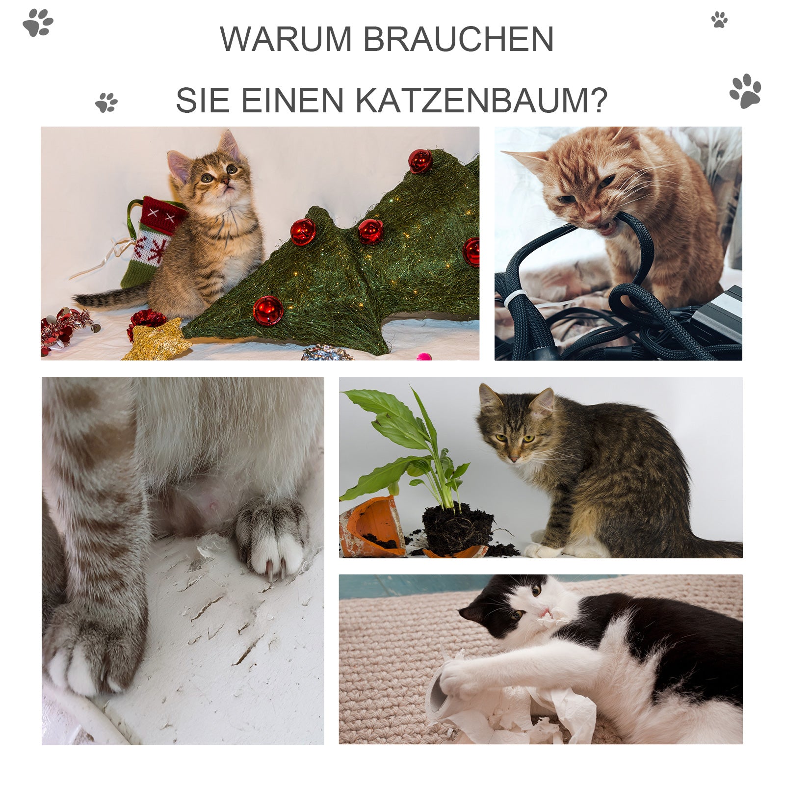 PawHut Kratzbaum 120 cm Katzenturm mit Höhle, Spielball, Sisalstämme,  Plattform, Treppe, mehrstöckiger Katzenkratzbaum, Kletterbaum für Katzen, Hellgrau